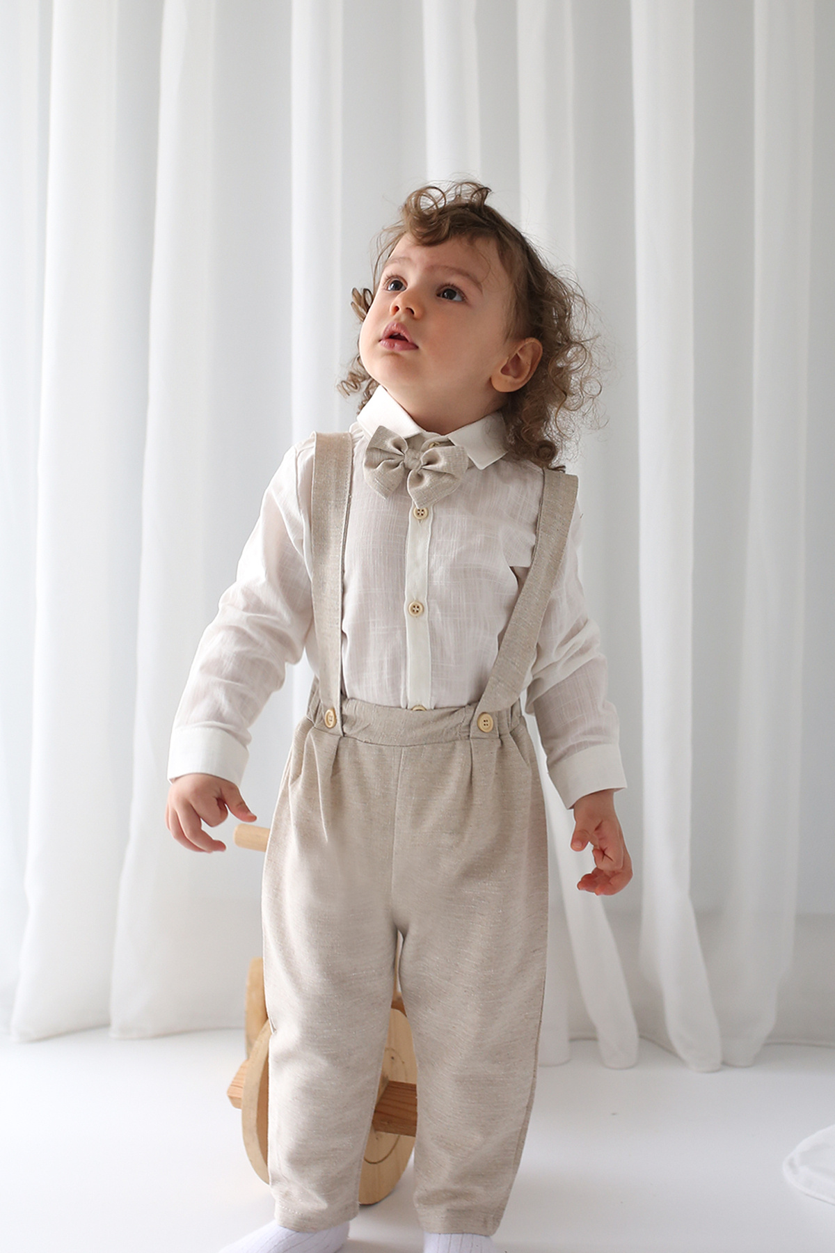 Catz Kids Erkek Çocuk Krem Keten Yelekli Askılı Takım 4'lü Set ( %100 Pamuk ) fotoğrafı 4 (önizleme)