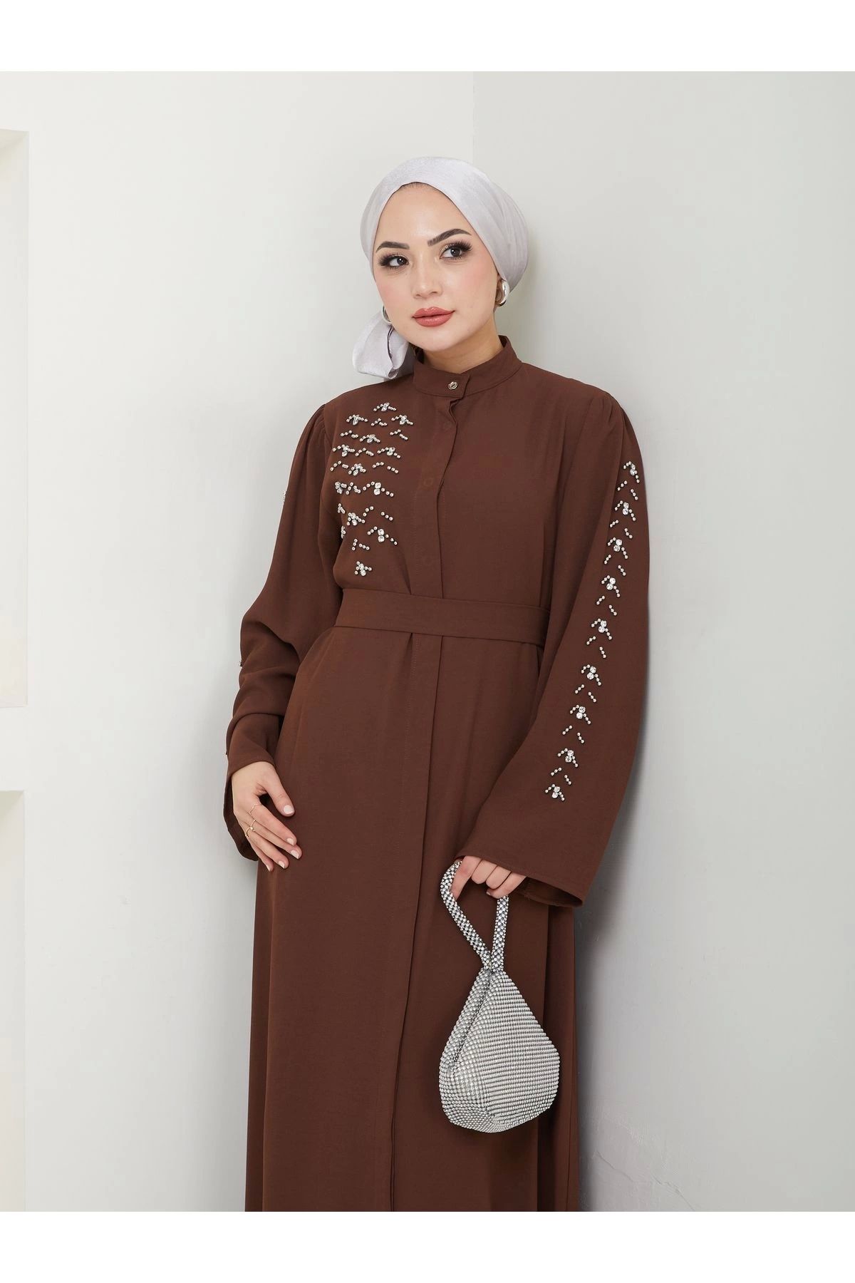EFSUN MODA-Γυναικείο Φόρεμα Ferace - Μουσουλμανικά Ρούχα με Λεπτομέρεια Πέτρας, Καφέ Χρώμα 7