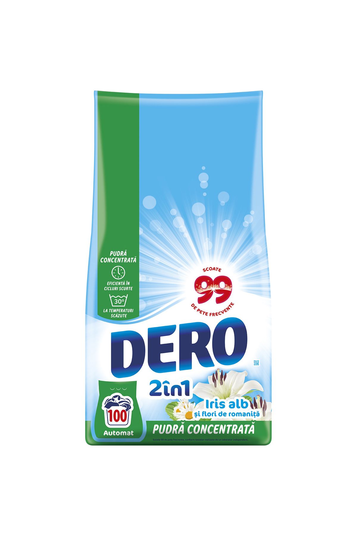 Dero Detergent De Rufe Pudră 2 În 1 Iris White, 7,5 Kg, 100 Spălări - One Size