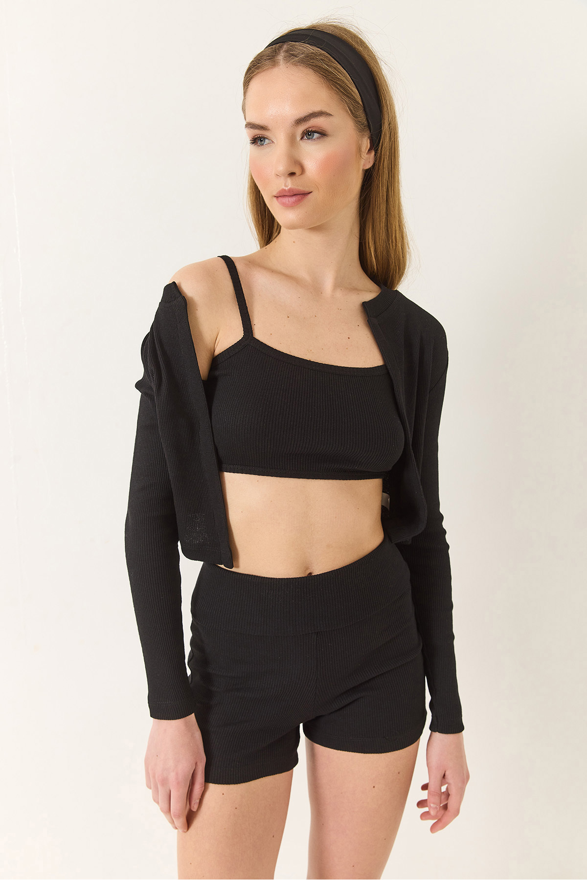 Bianco Lucci-Women's Camisole Thin Strap Crop Cardigan Shorts Three Piece Suit 60284033 5