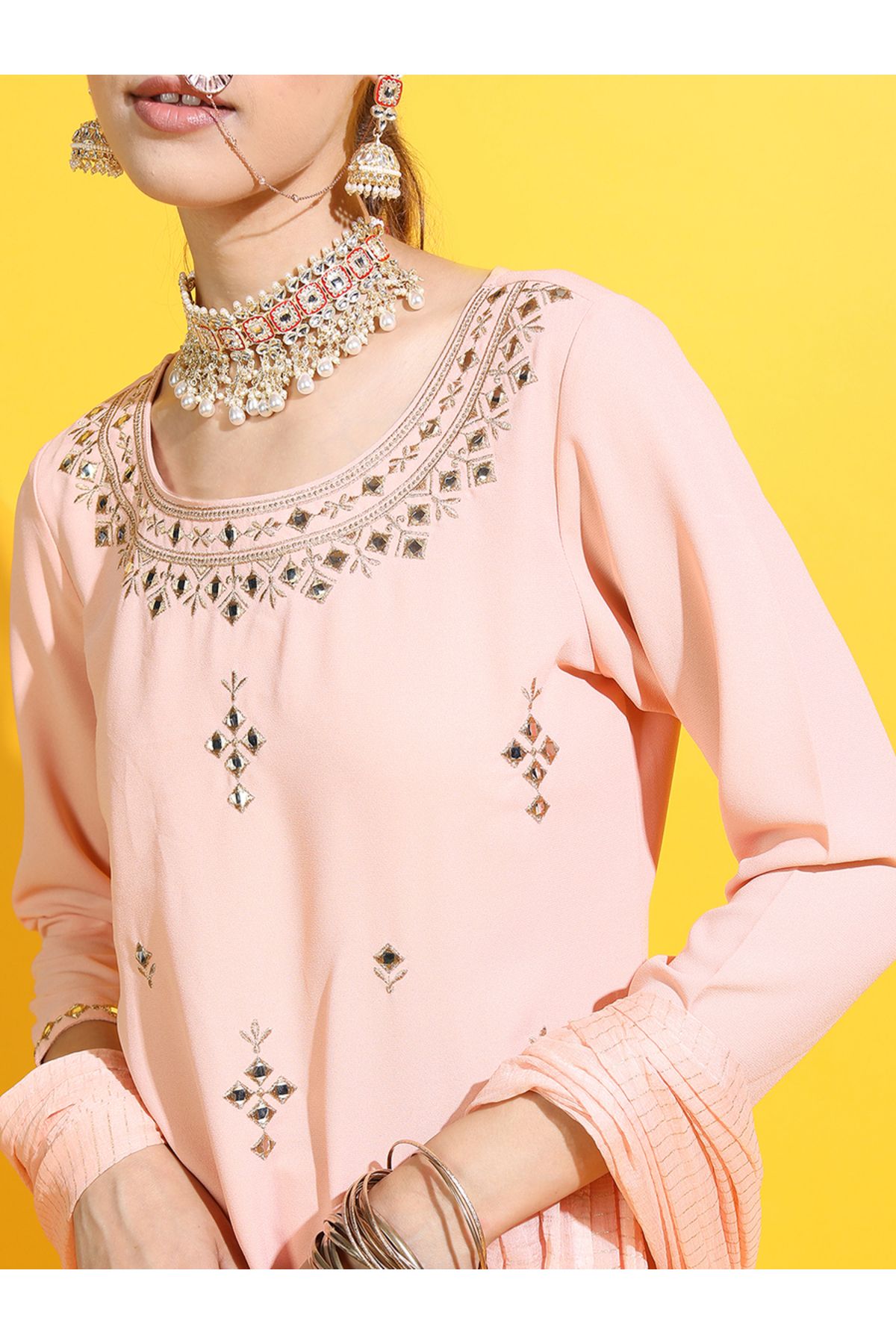Vishudh By Styli-Peach Mirror Work Kurta Set with Sharara & Dupatta 4