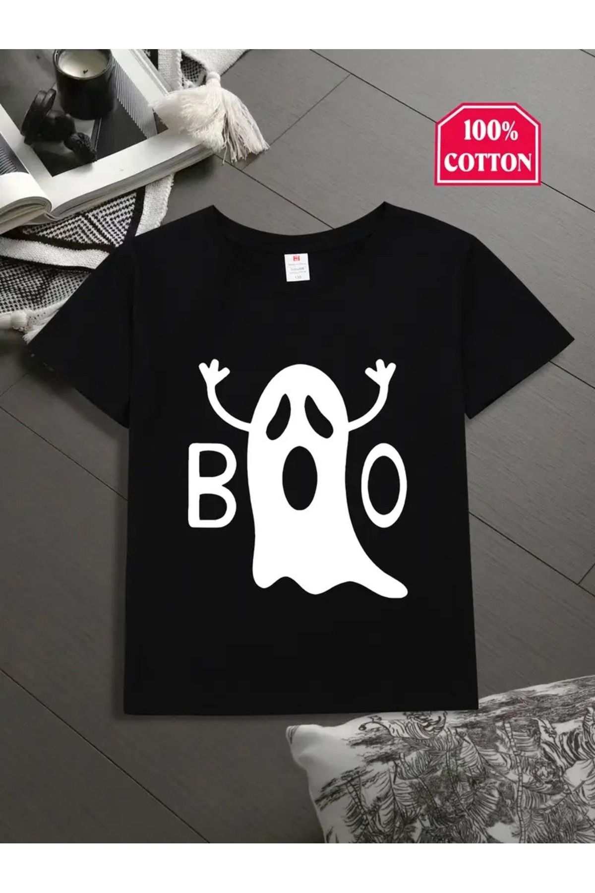 vinraus-Tricou negru din bumbac pieptănat cu imprimeu BOO Ghost pentru fetiță/băiat 1