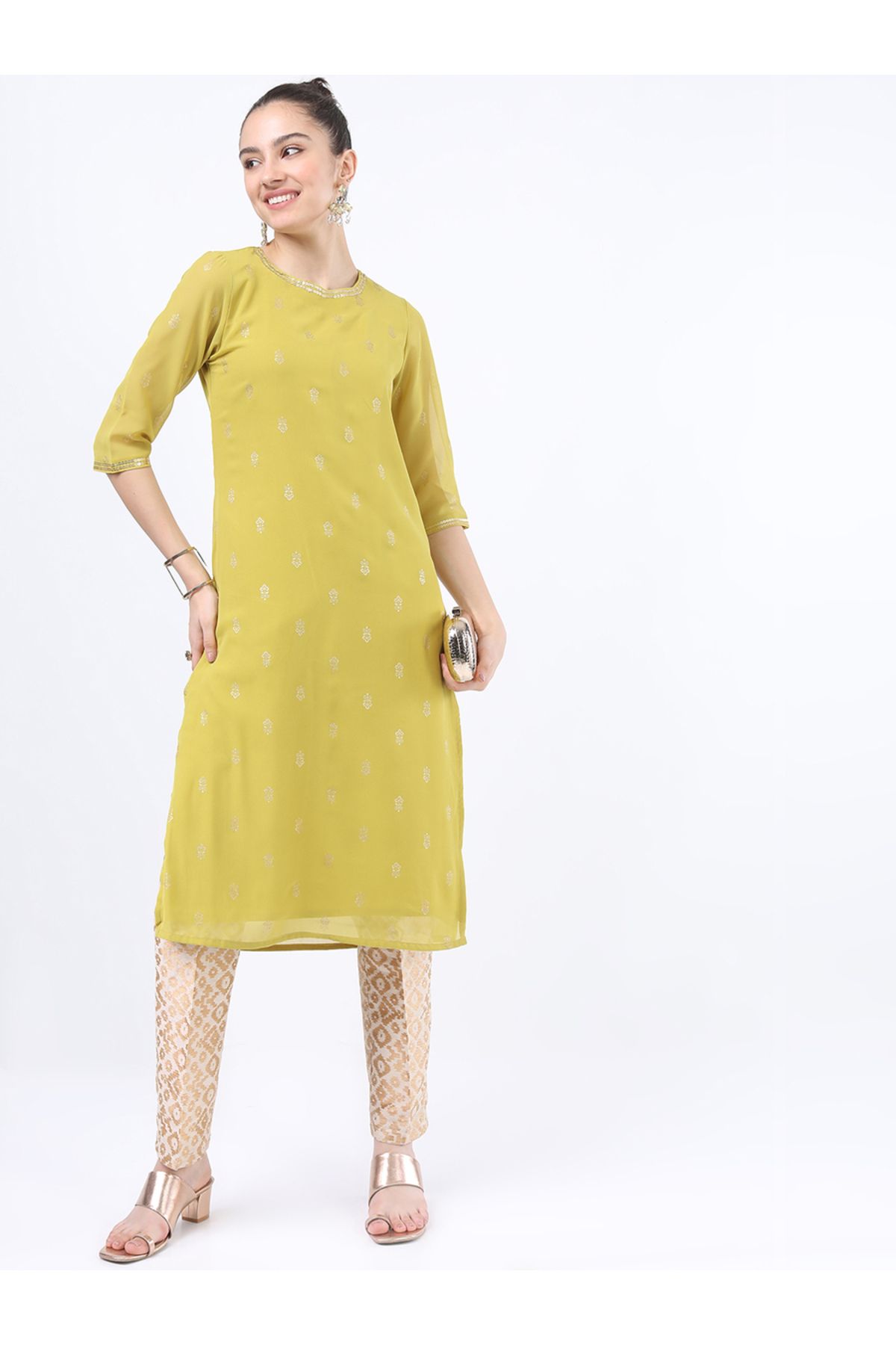 Vishudh By Styli-كورتا نسائية صفراء مطبوعة بزخارف عرقية 5