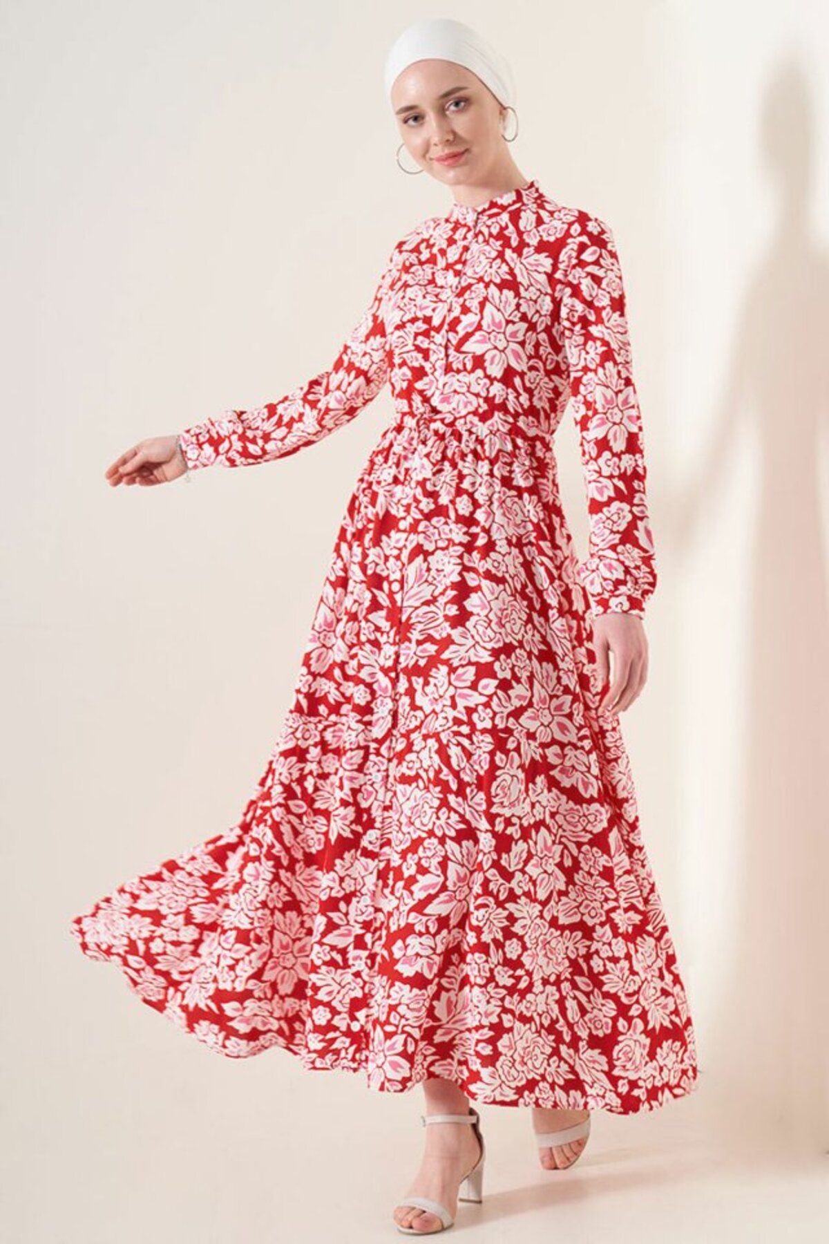 Gökyüzü Moda 2144 Hakim Yaka Tesettür Elbise - Nar