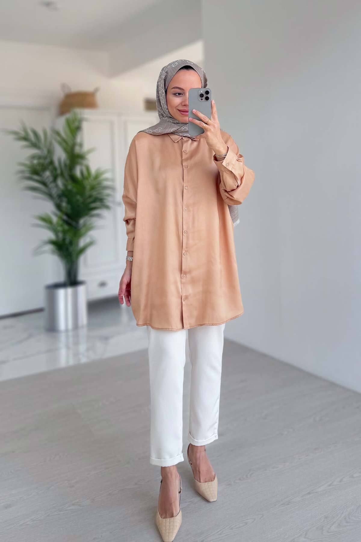 Ka Hijab-Πουκάμισο Camel Satin Oversize 3