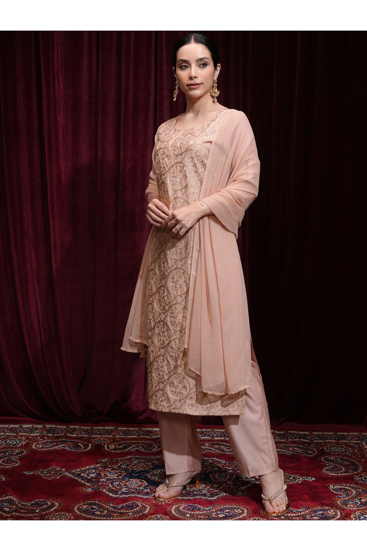 Vishudh By Styli-Women Peach Embroidered Kurta Set 2