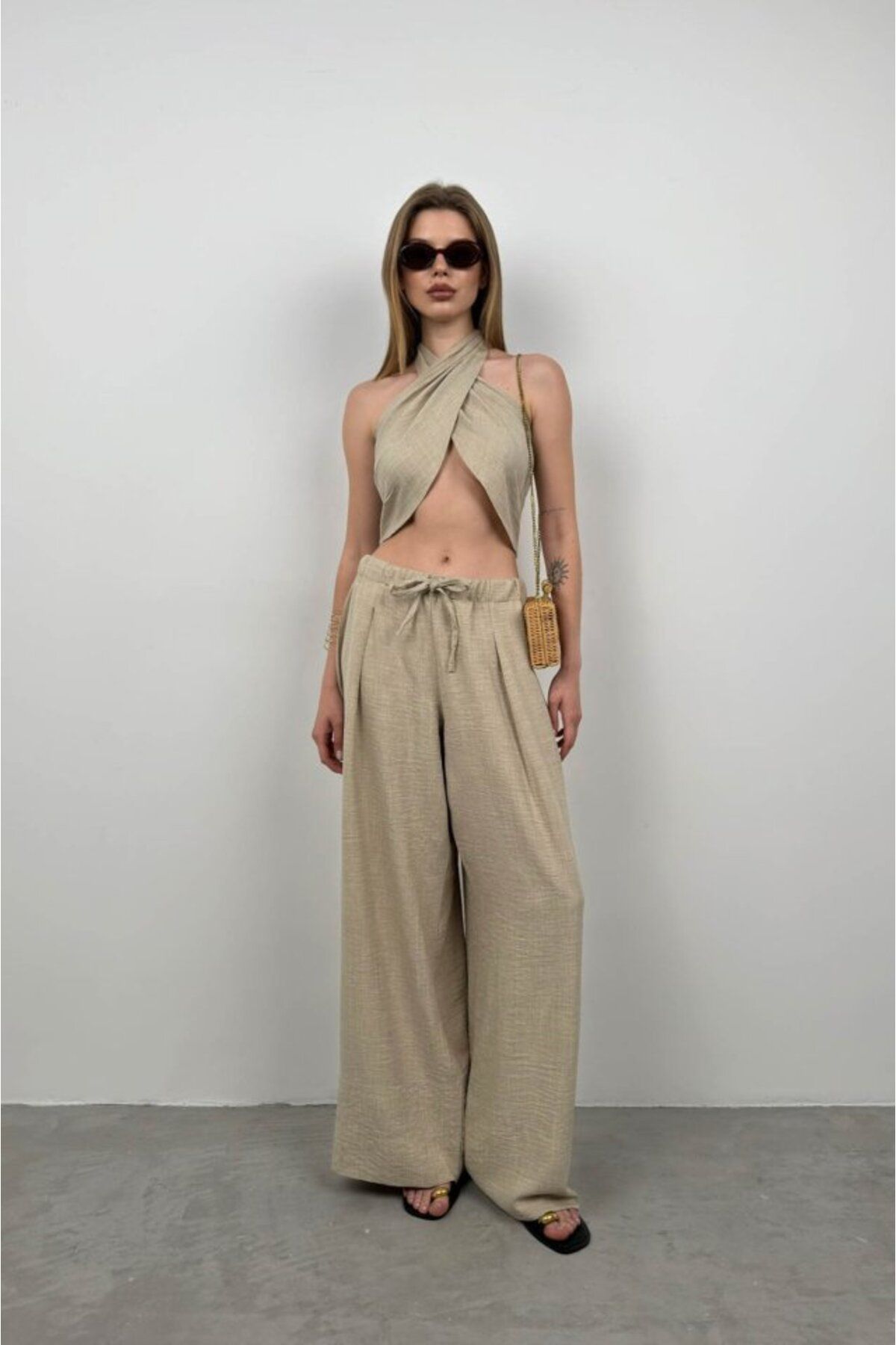 velmorafashion Çapraz Bağlamalı Keten Crop