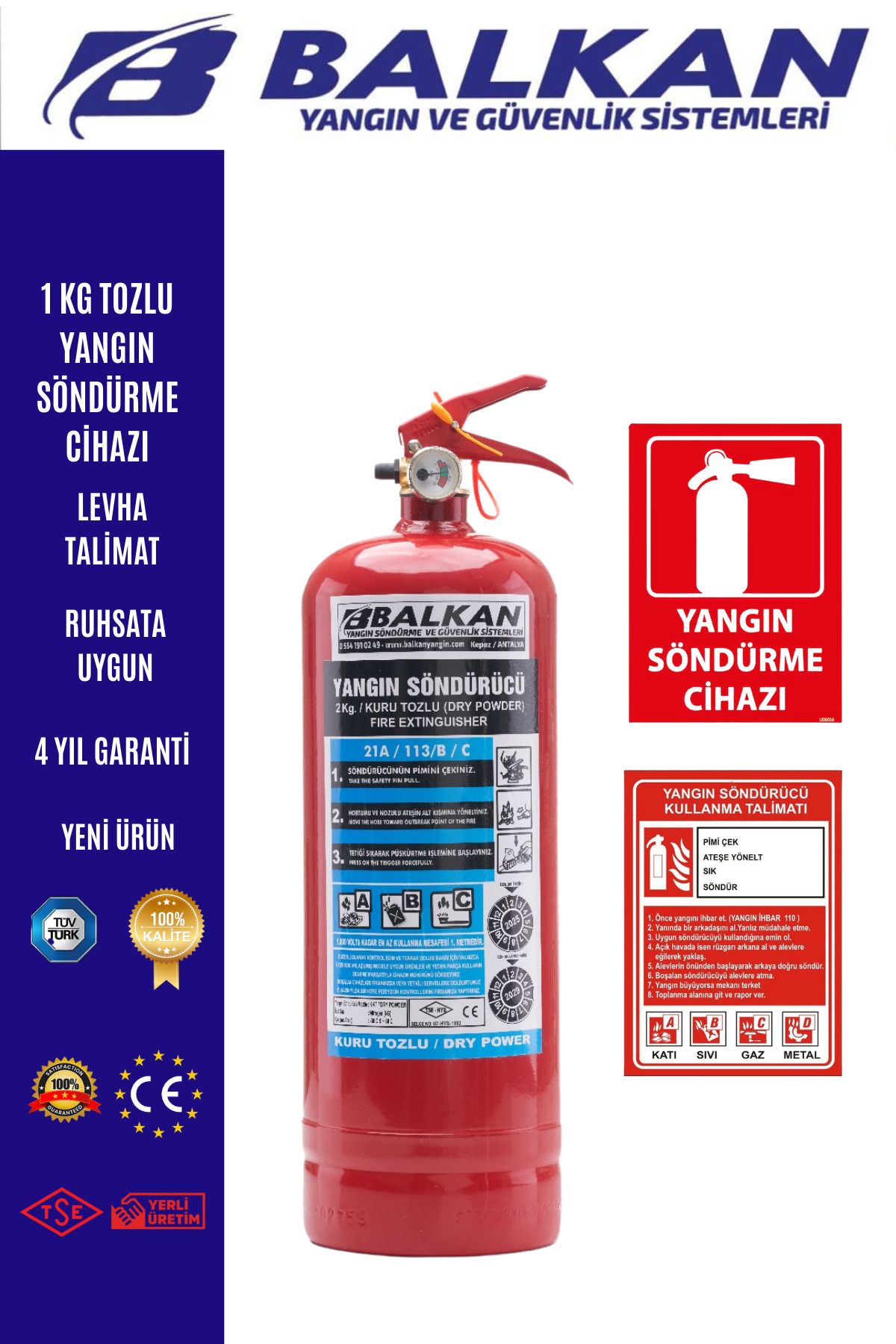 Balkan Ticaret 1 kg yangın söndürme cihazı+Talimat+Levha