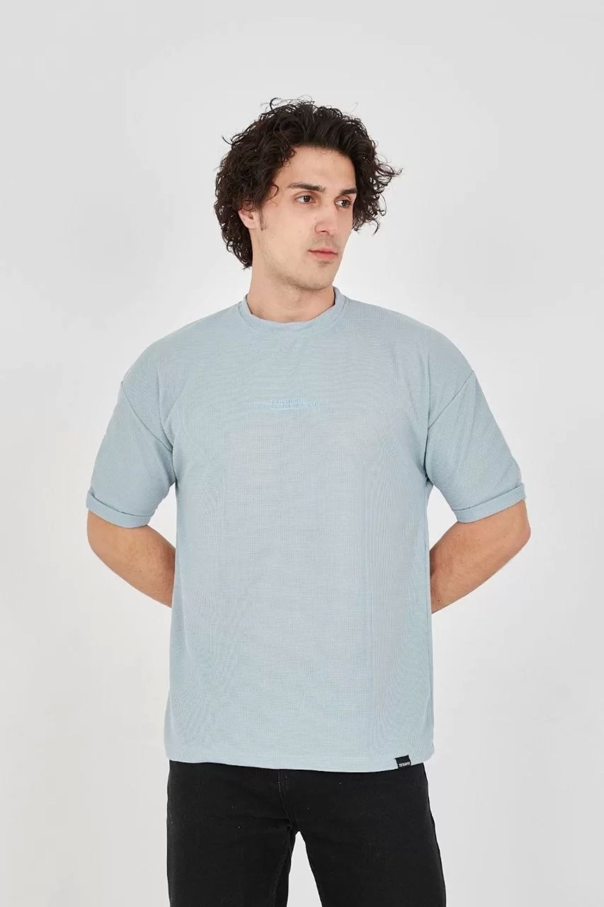 CVS Unisex Waffle Kumaş Rahat Kol T-Shirt - Buz Mavisi