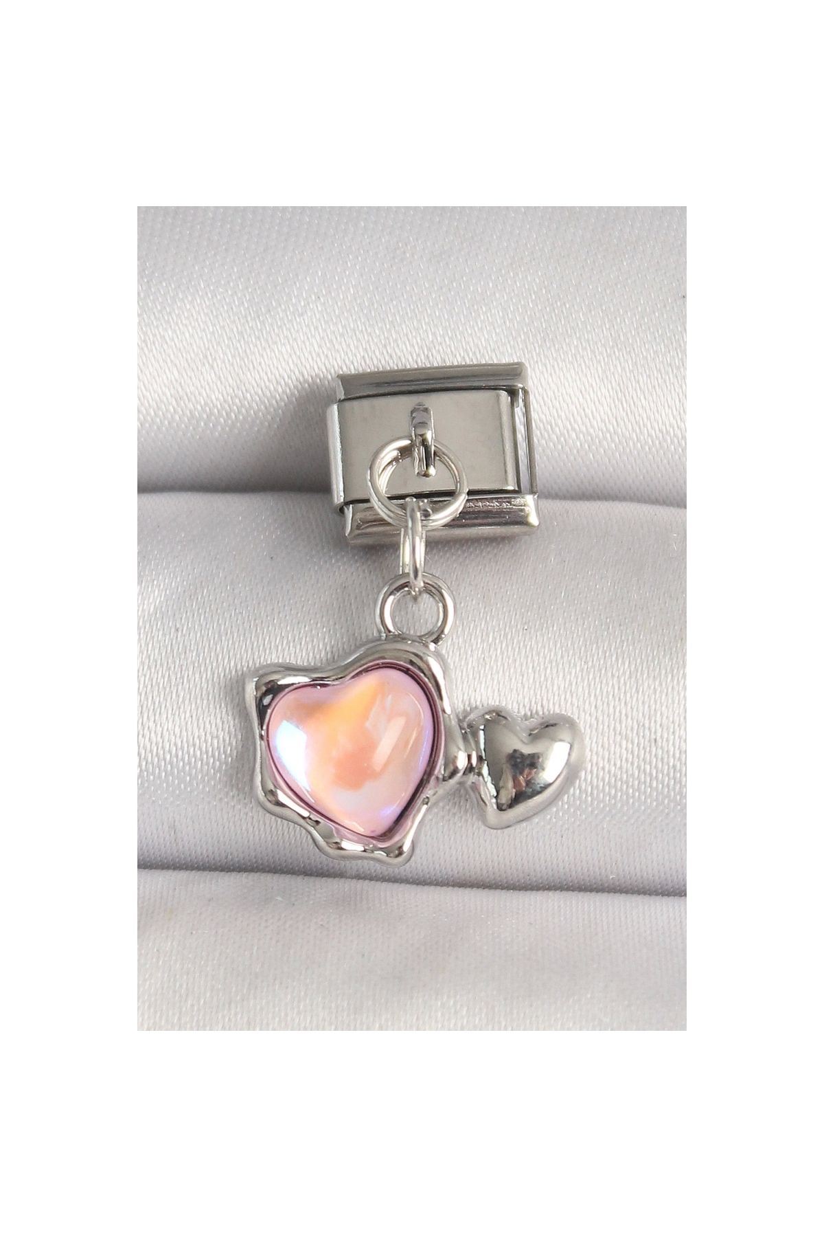 Narnuga 316L Çelik Gümüş Renk Pembe Mineli Kalp Model Nomination Charm - TJ-BC1308