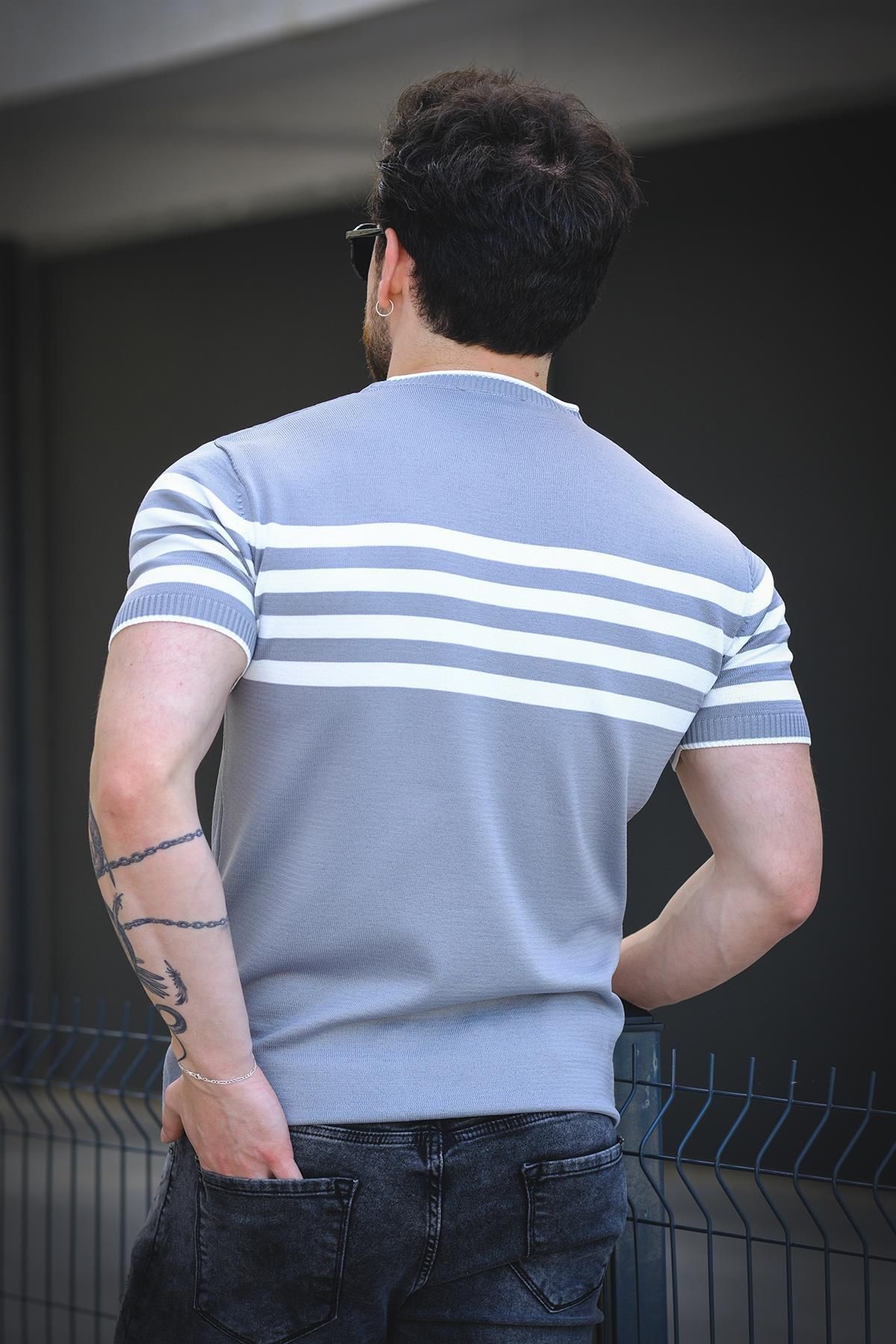 Oksit-Ανδρικό πλεκτό μπλουζάκι Liam ριγέ Lycra Slim Fit Crew Neck 4