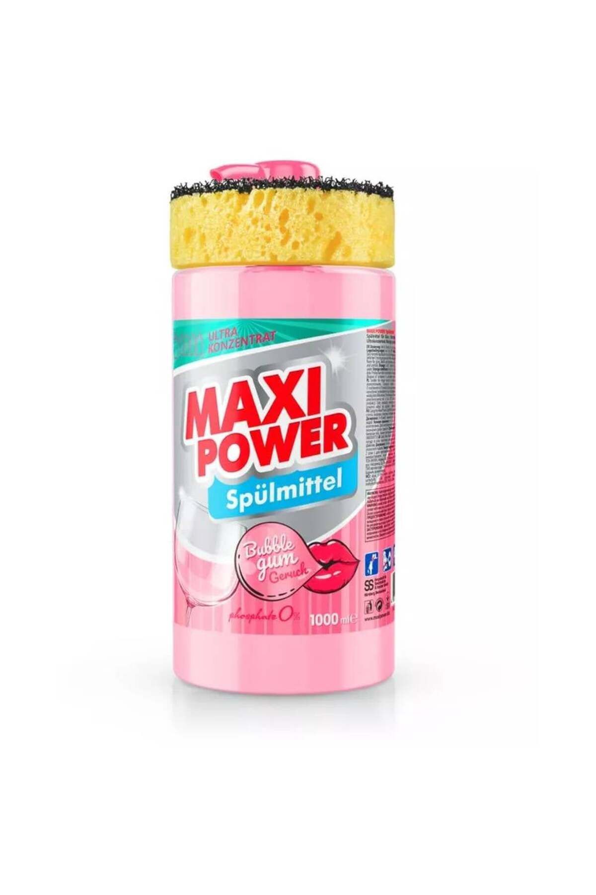 Maxi Power Detergent Lichid De Spălat Vase + Burete, Maxi Power, Bubblegum, 1 L - One Size