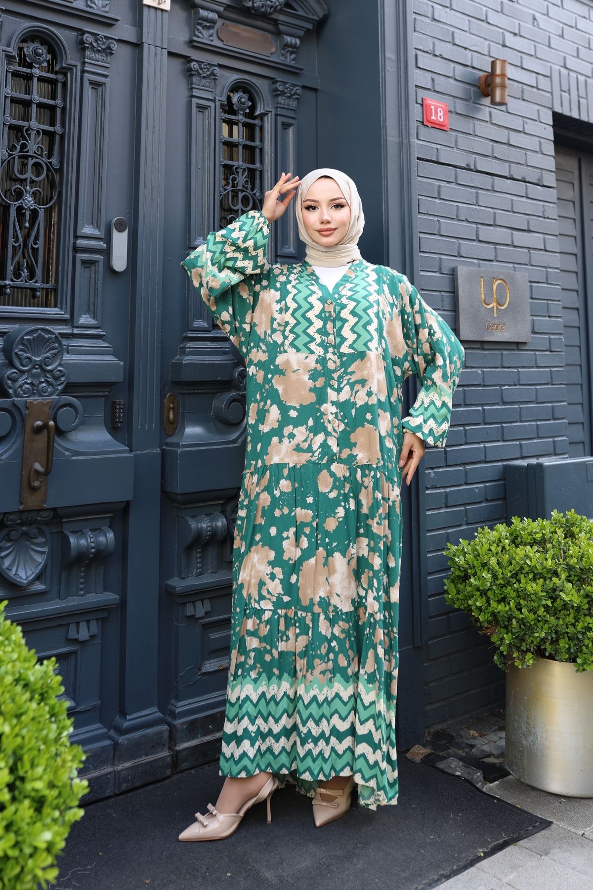 modessia-Rochie verde pentru femei, 100% bumbac, viscoză, cu decolteu în V, model Alaçatı, în straturi V898 4