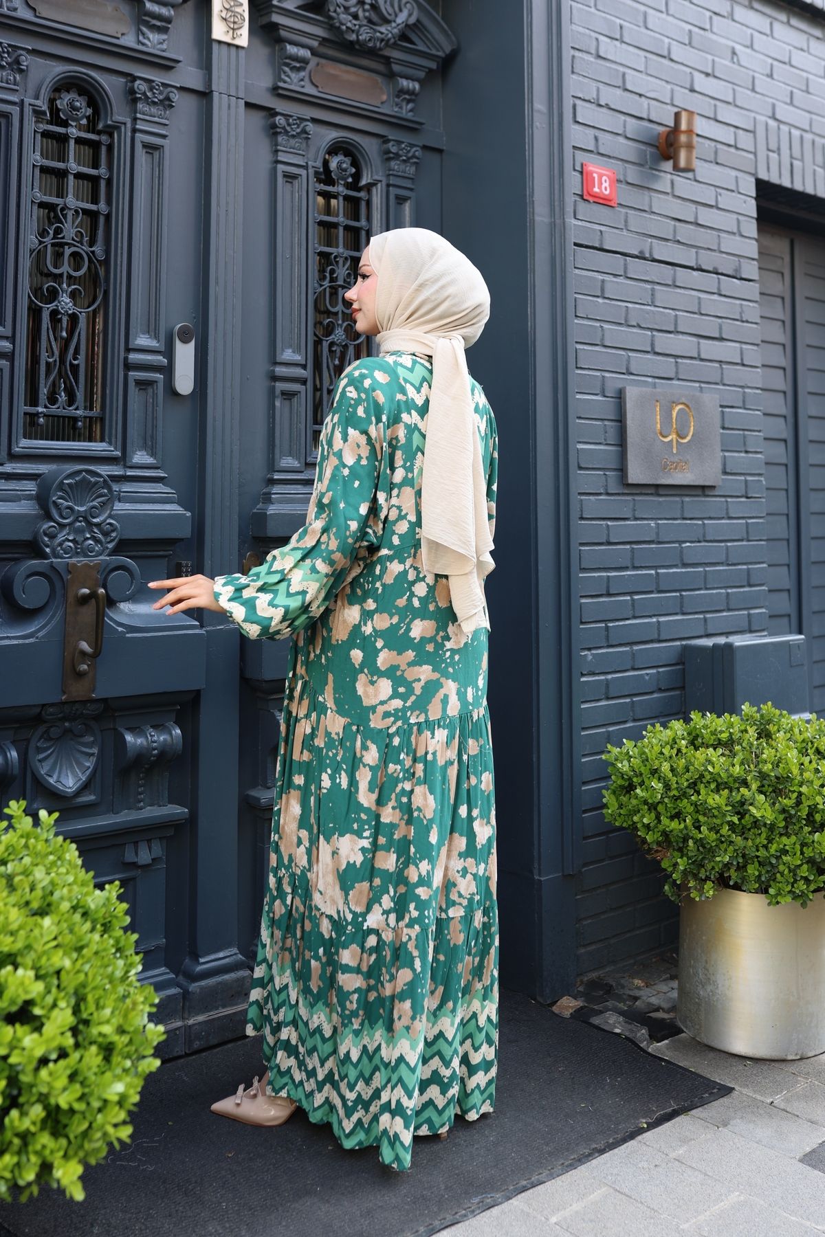 modessia-Rochie verde pentru femei, 100% bumbac, viscoză, cu decolteu în V, model Alaçatı, în straturi V898 7