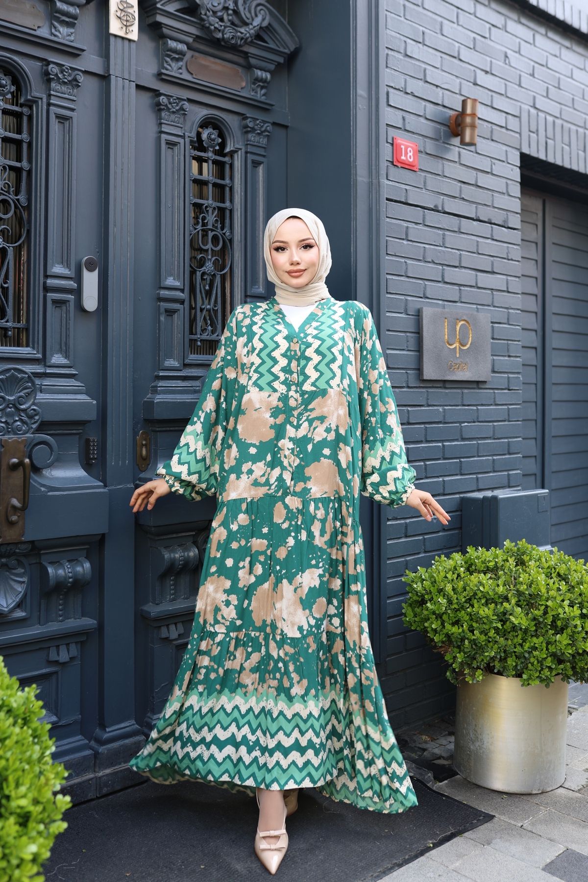 modessia-Rochie verde pentru femei, 100% bumbac, viscoză, cu decolteu în V, model Alaçatı, în straturi V898 6