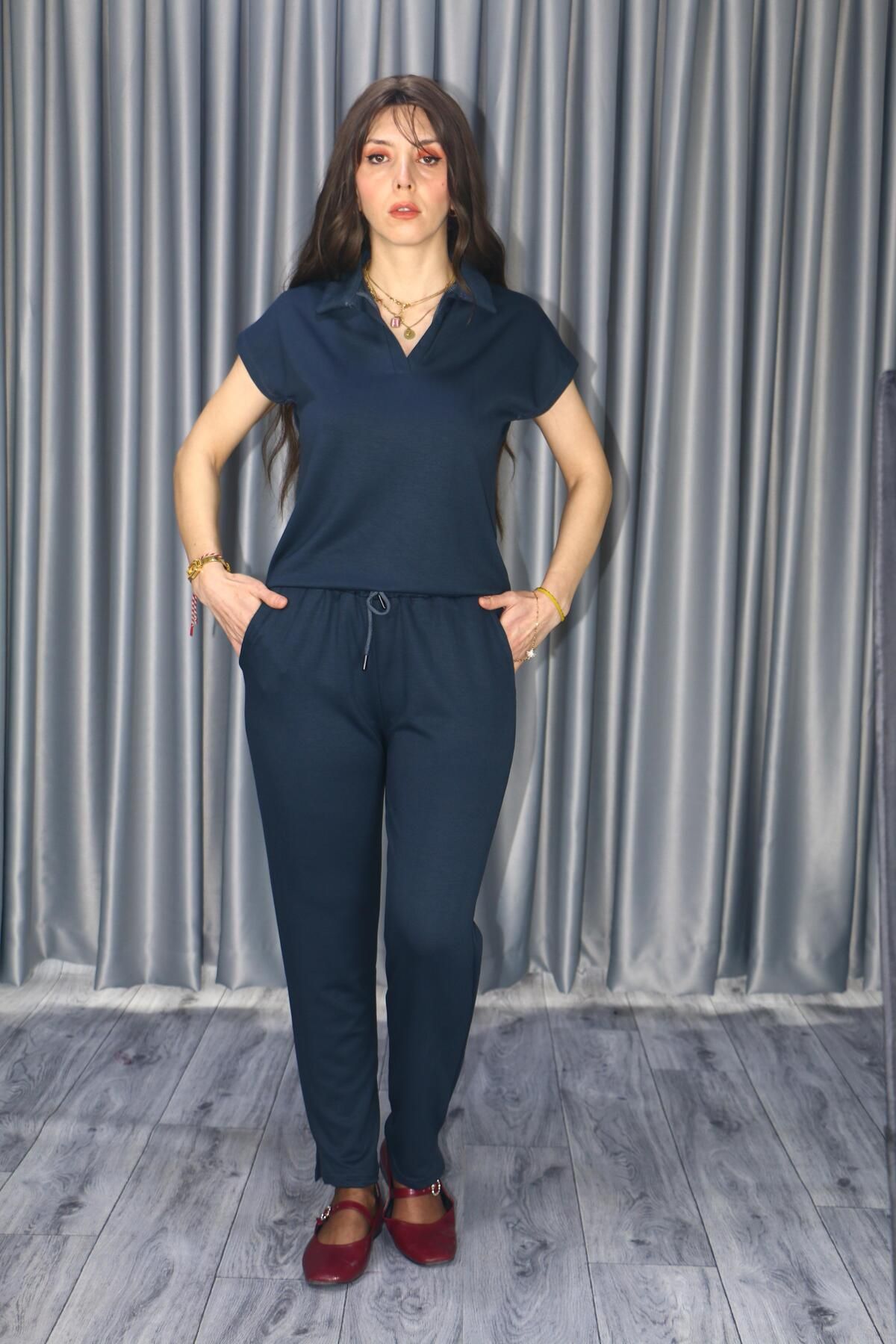 Giyimodam Kadın Modal Kumaş Premium Kalite Polo Yaka Kısa Kollu Jogger Beli Lastikli Bağlamalı Antrasit Yazlık