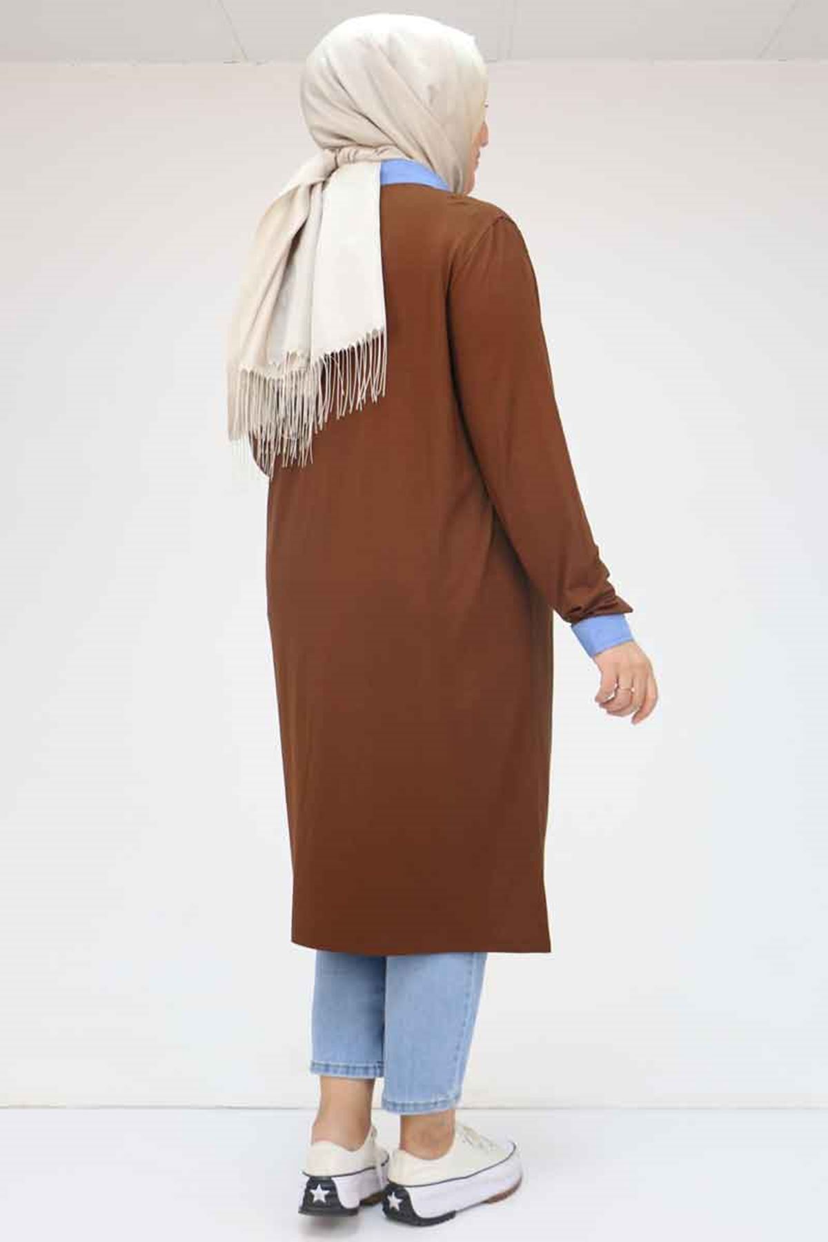 Eslina-58036 Large Size Combed Cotton Tunic with Collar and Sleeve Combination - Brown 5