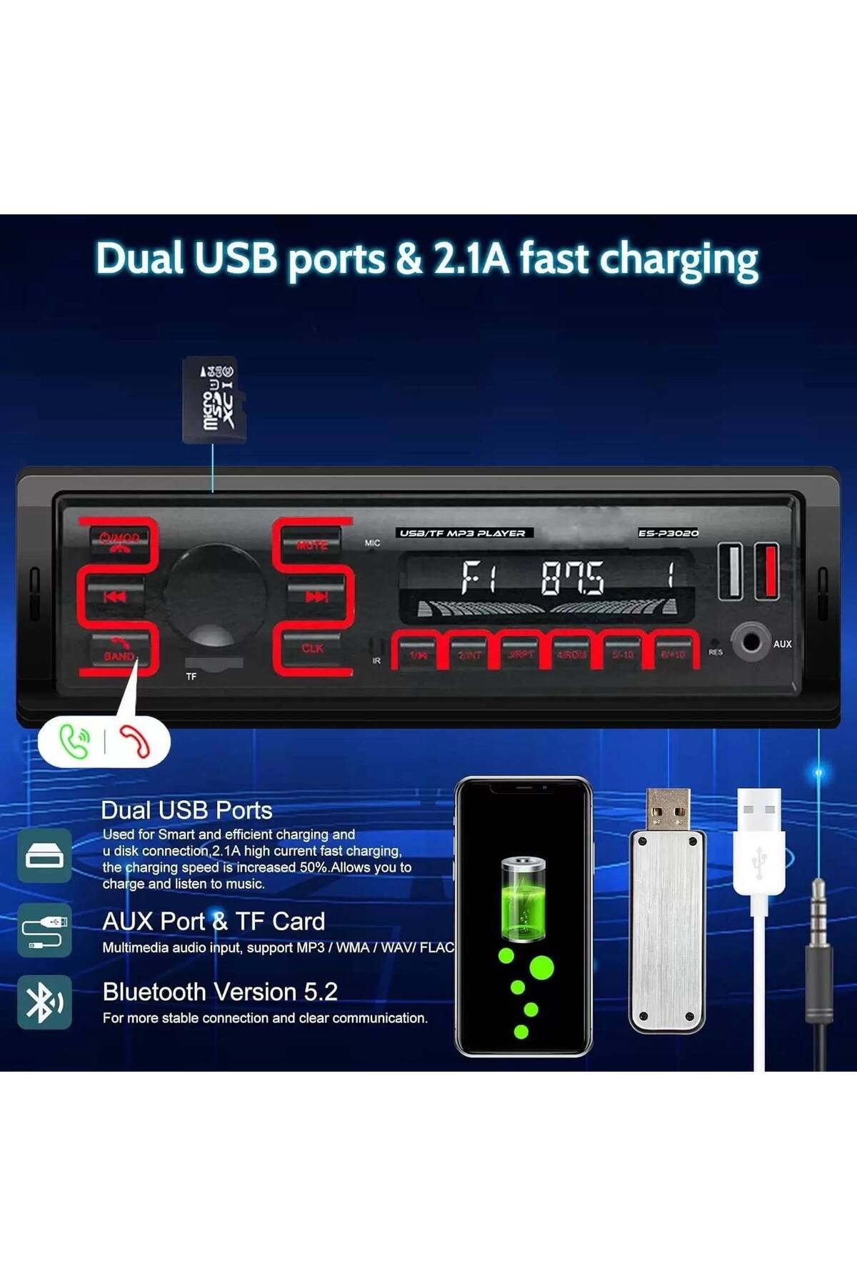 Foxus Oto Teyp Bluetooth 5.2 YÜKSEK ÇIKIŞLI YENİ NESİL EKRAN USB, AUX, Hızlı Şarj
