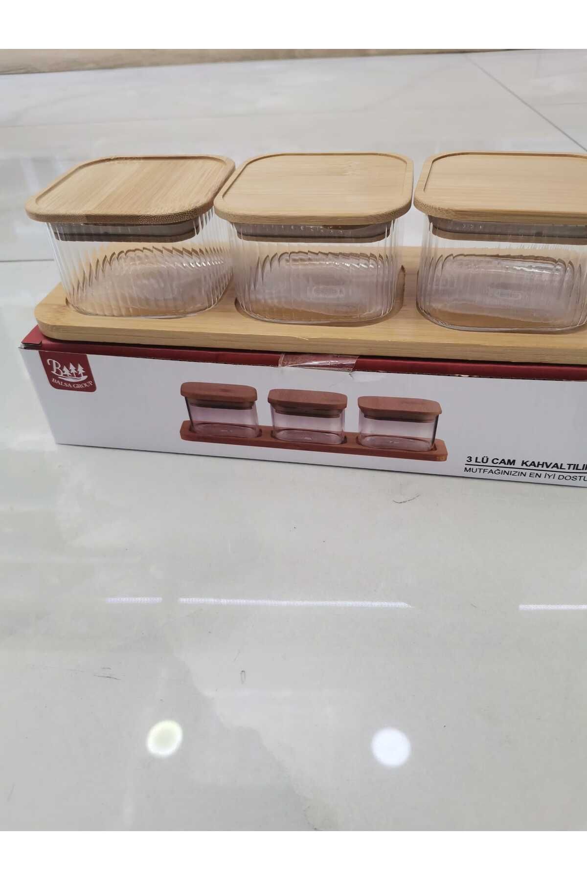 Balsa Grup Balsa MRK model 7 parça bambu tepsili bambu kapaklı borasilikat cam kahvaltılık seti
