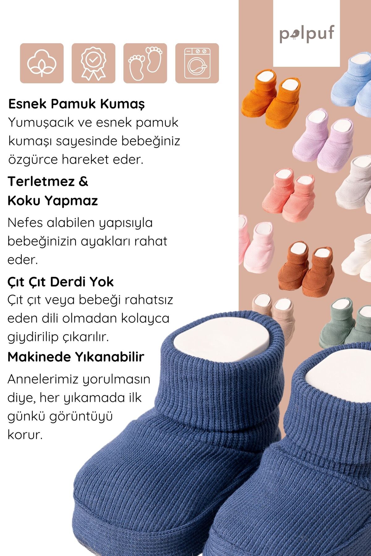 Polpuf Fitilli Esnek Bebek Patik, Ev Botu Terliği Kreş Ayakkabısı Panduf Ekru fotoğrafı 3 (önizleme)