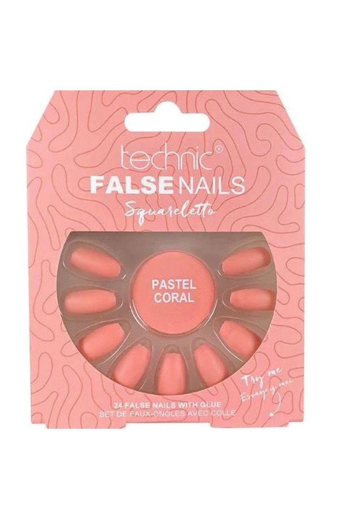 TECHNIC-Set of 24 False Nails, With Glue Included, , False Nails, Squareletto, Pastel Coral 1