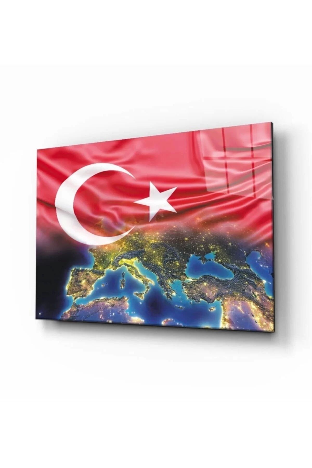 ÖYKÜ VE YİĞİT Türk Bayrağı Ve Dünya Cam Tablo 4mm Dayanıklı Temperli
