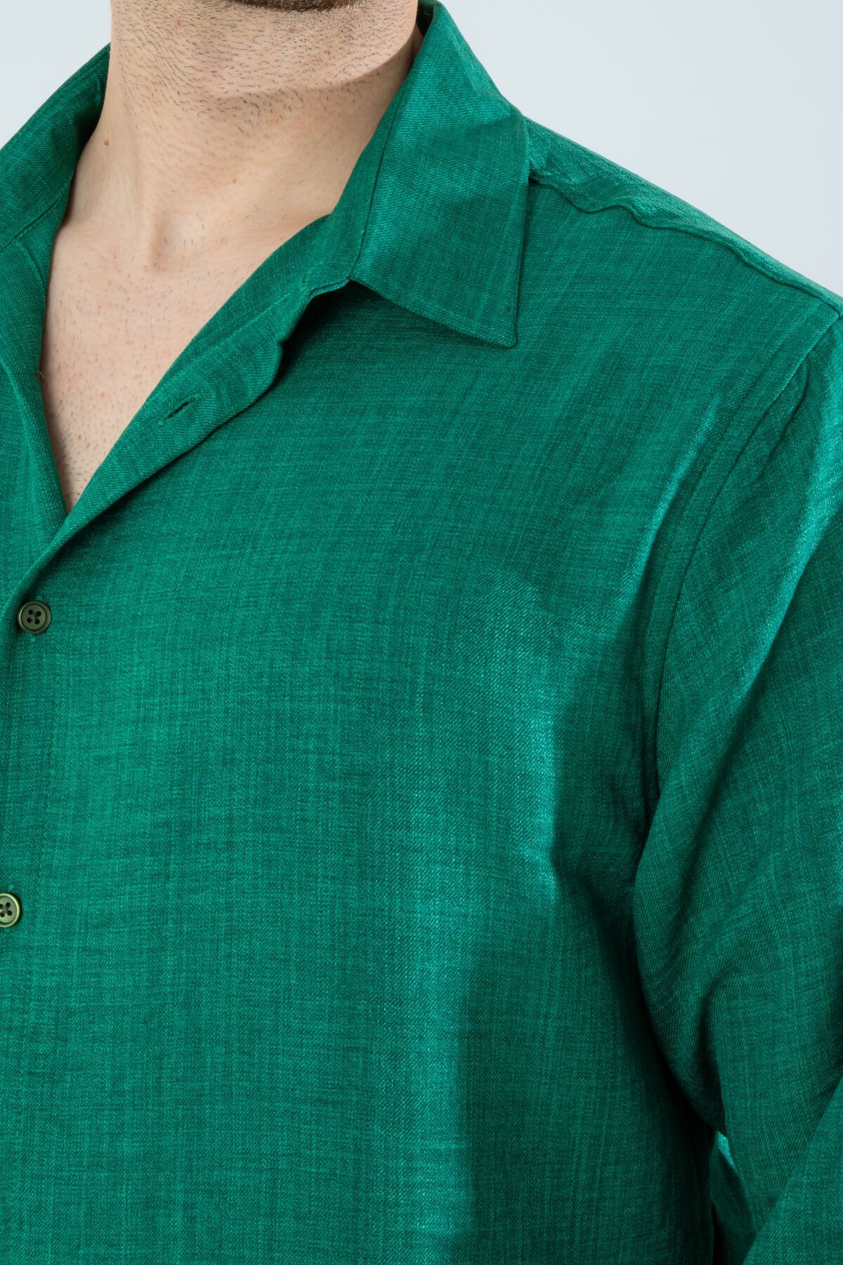 a02teks-Seasonal Linen Textured Loose Fit Long Sleeve Oversize Men's Shirt Green 3