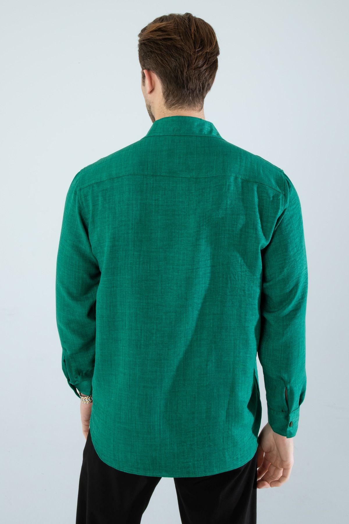 a02teks-Seasonal Linen Textured Loose Fit Long Sleeve Oversize Men's Shirt Green 5