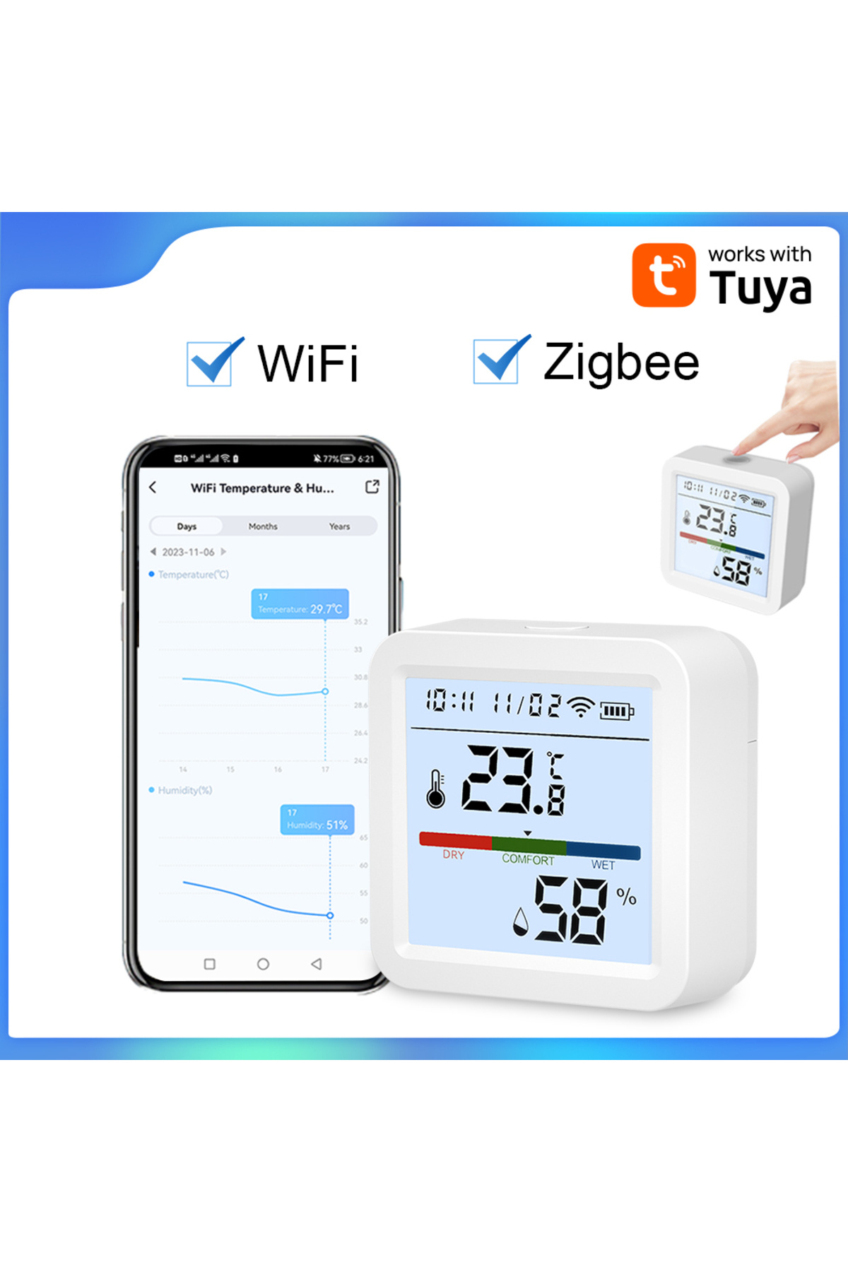 Choice1-WIFI 1PCS Tuya Smart WiFi/Zigbee Temperature and Humidity Sensor Indoor Hygrometer Thermometer with 1