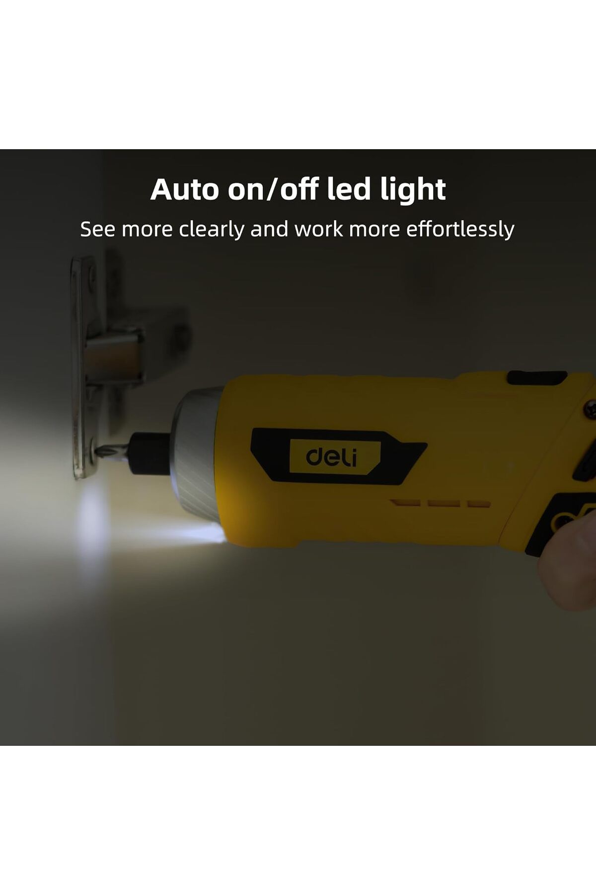 Deli-Cordless Screwdriver Set with Rotatable Handle, Auto LED Light, and Rechargeable Design 7