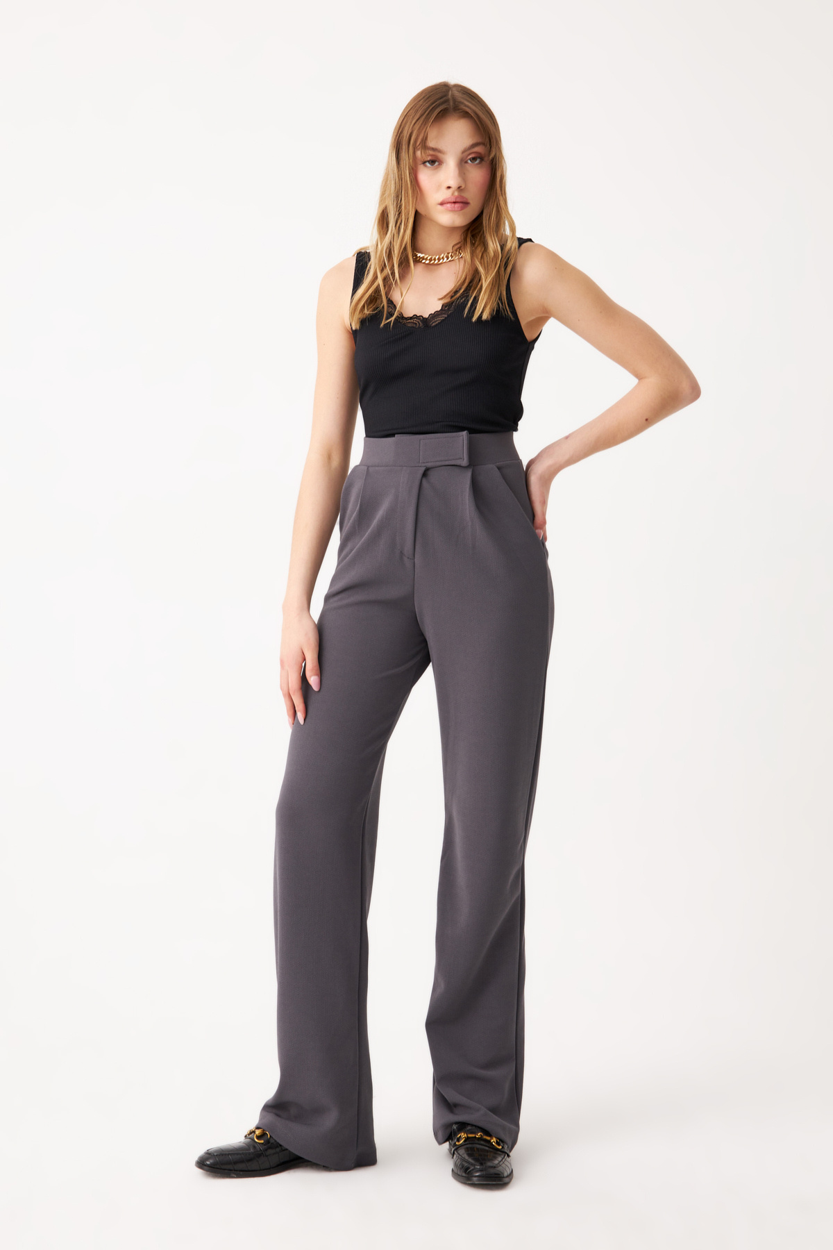 Know-Women's Anthracite Lycra Velcro Closure Palazzo Trousers 3