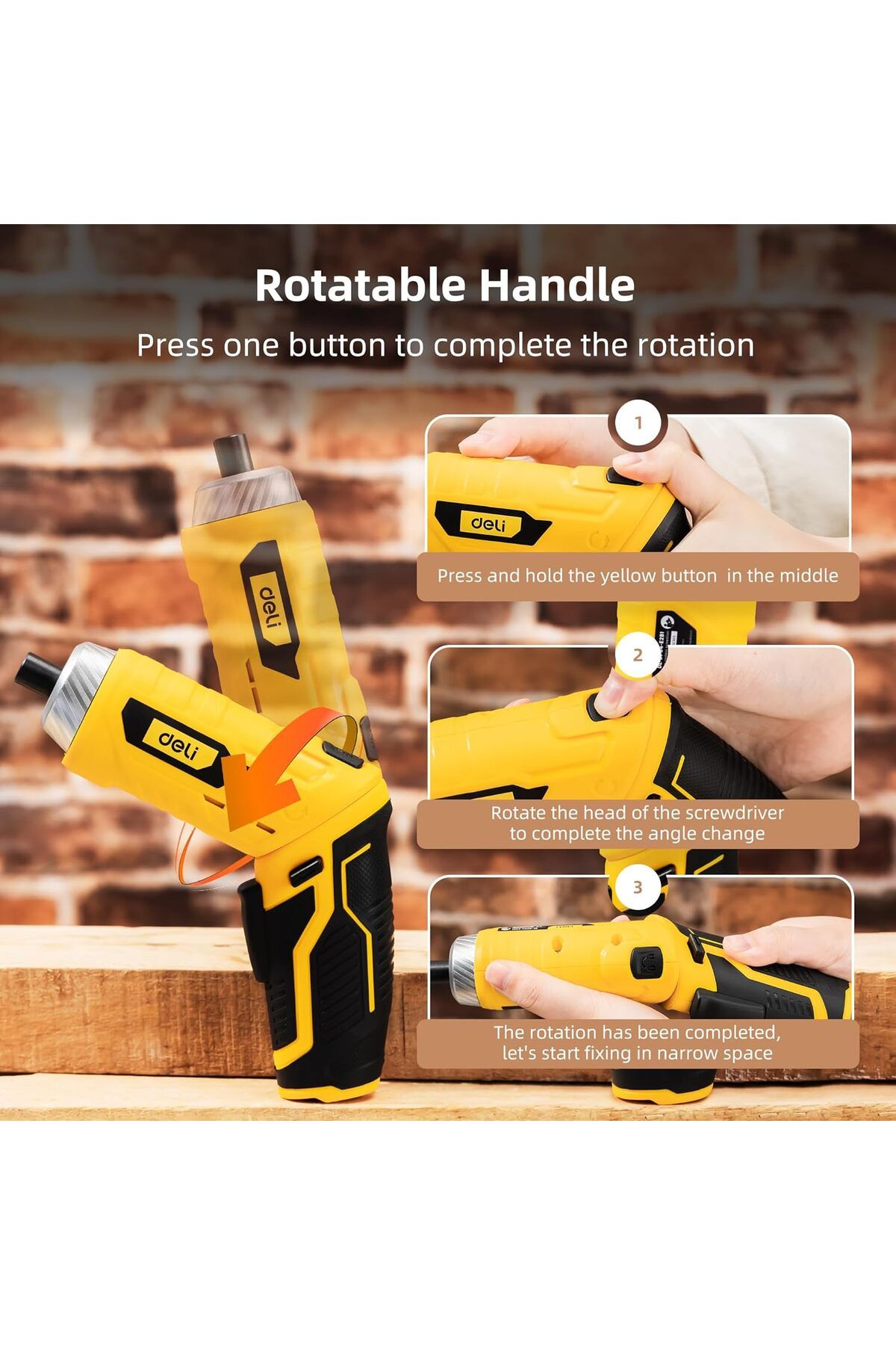 Deli-Cordless Screwdriver Set with Rotatable Handle, Auto LED Light, and Rechargeable Design 3