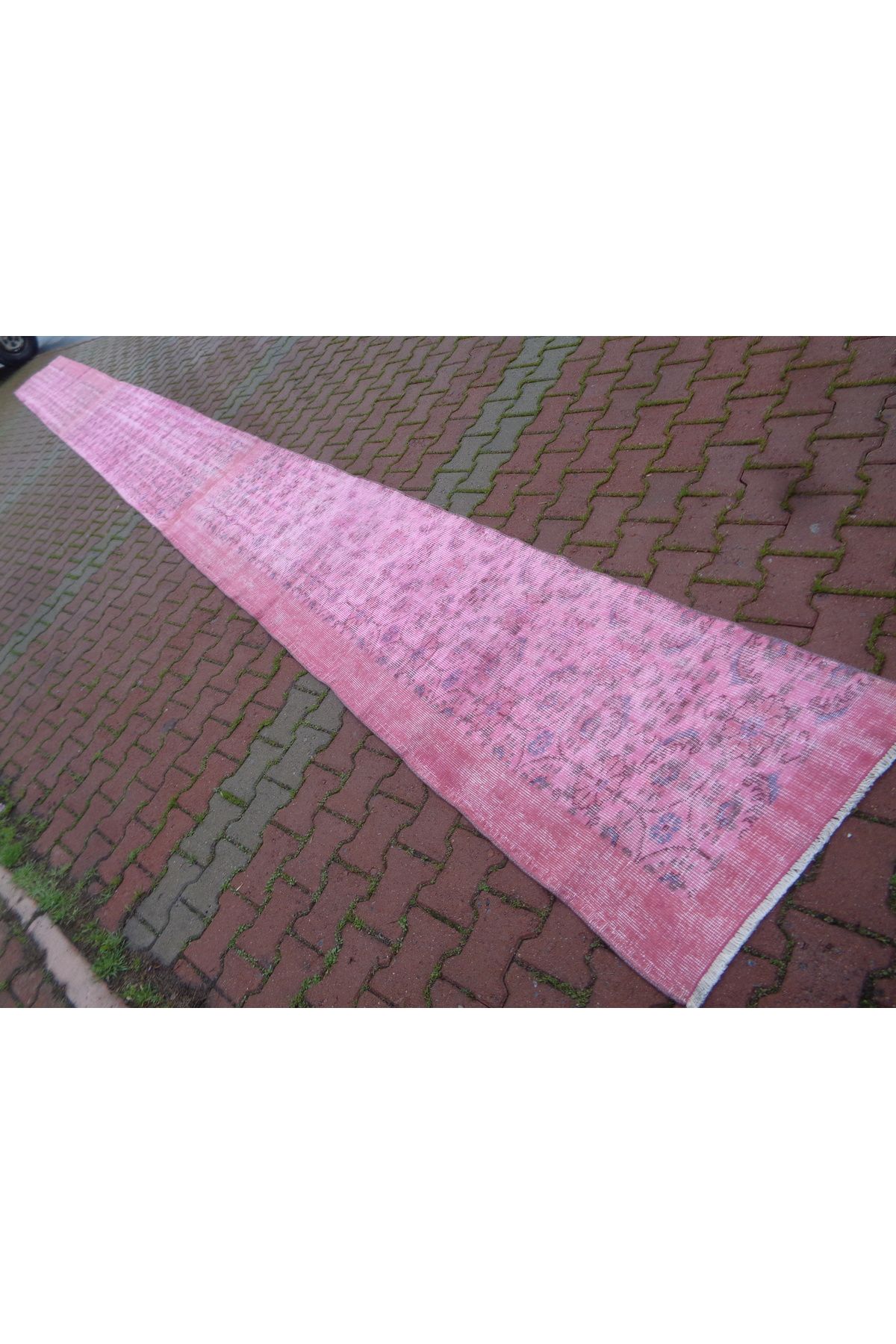 ŞAHMERDANOĞLU Şahmerdanoğlu 74 x 980 Cm El Dokuması Müthiş Vintage & Boyama Pembe Yolluk Halı, Merdiven Dekor 2839