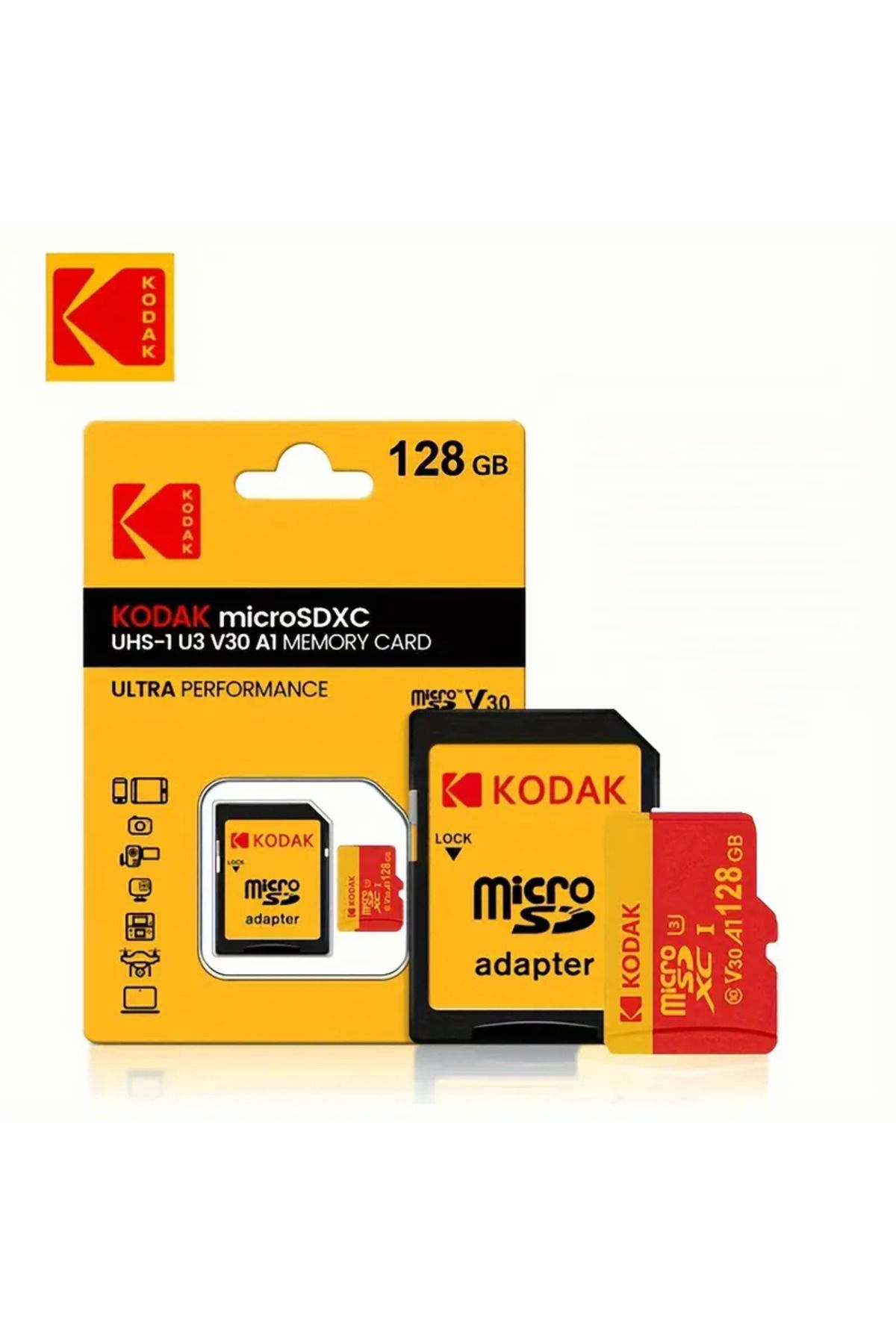 Kodak-128GB Kodak High Speed Micro SD Card U3 Class 10, up to 100MB/s, TF Memory Card with Adapter - Ava 1