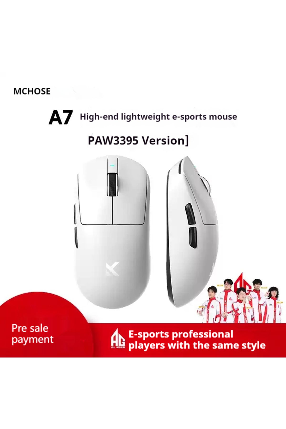Choice-White Pre MCHOSE A7 Ultra Mouse Esports GamesThree Modes Pro Wireless Bluetooth PAW3395 Lightweight 1