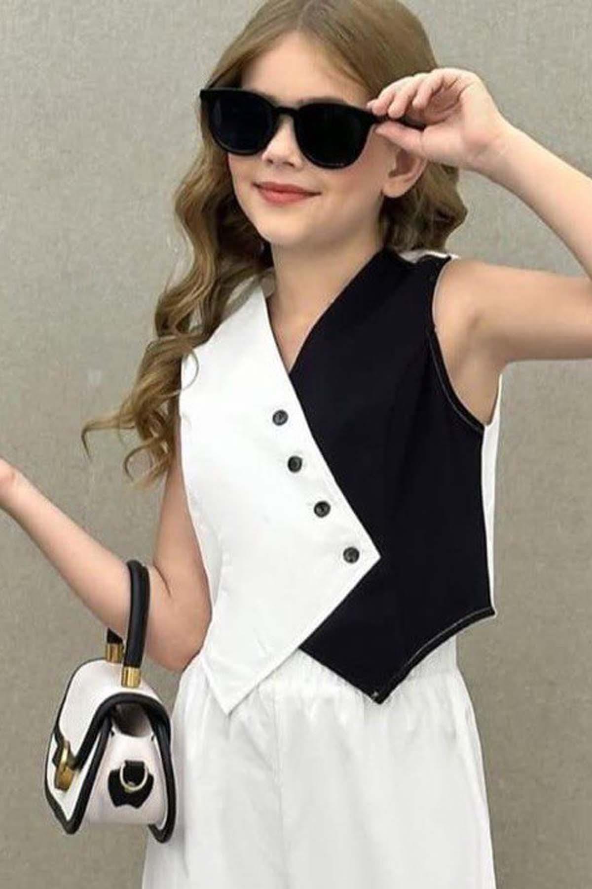 Riccotarz-Girl Asymmetrical Cut Double Color Vest Palazzo Pants Bottom Top Set 2