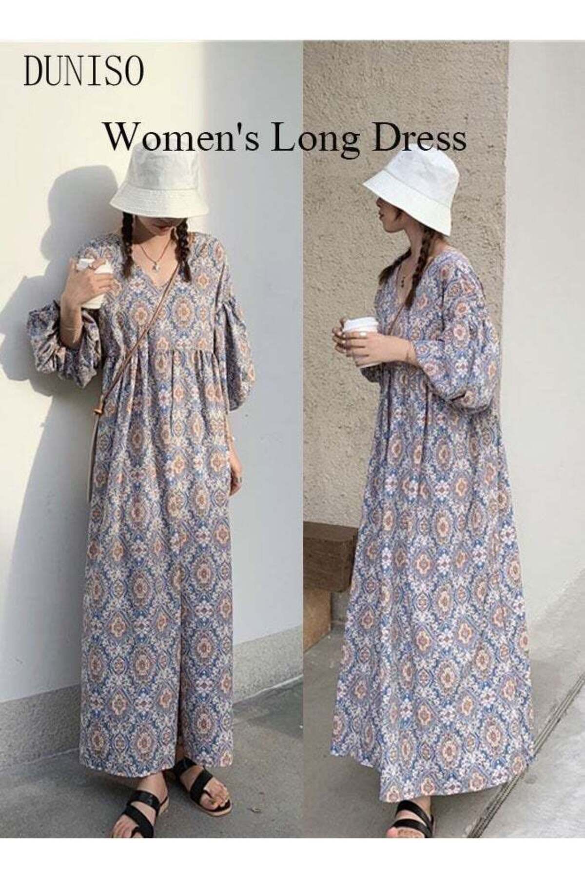 Generic-Women's Long Skirt Summer Casual Elegant Short-sleeved Floral Long Skirt V-neck Pleated Long Skirt 1
