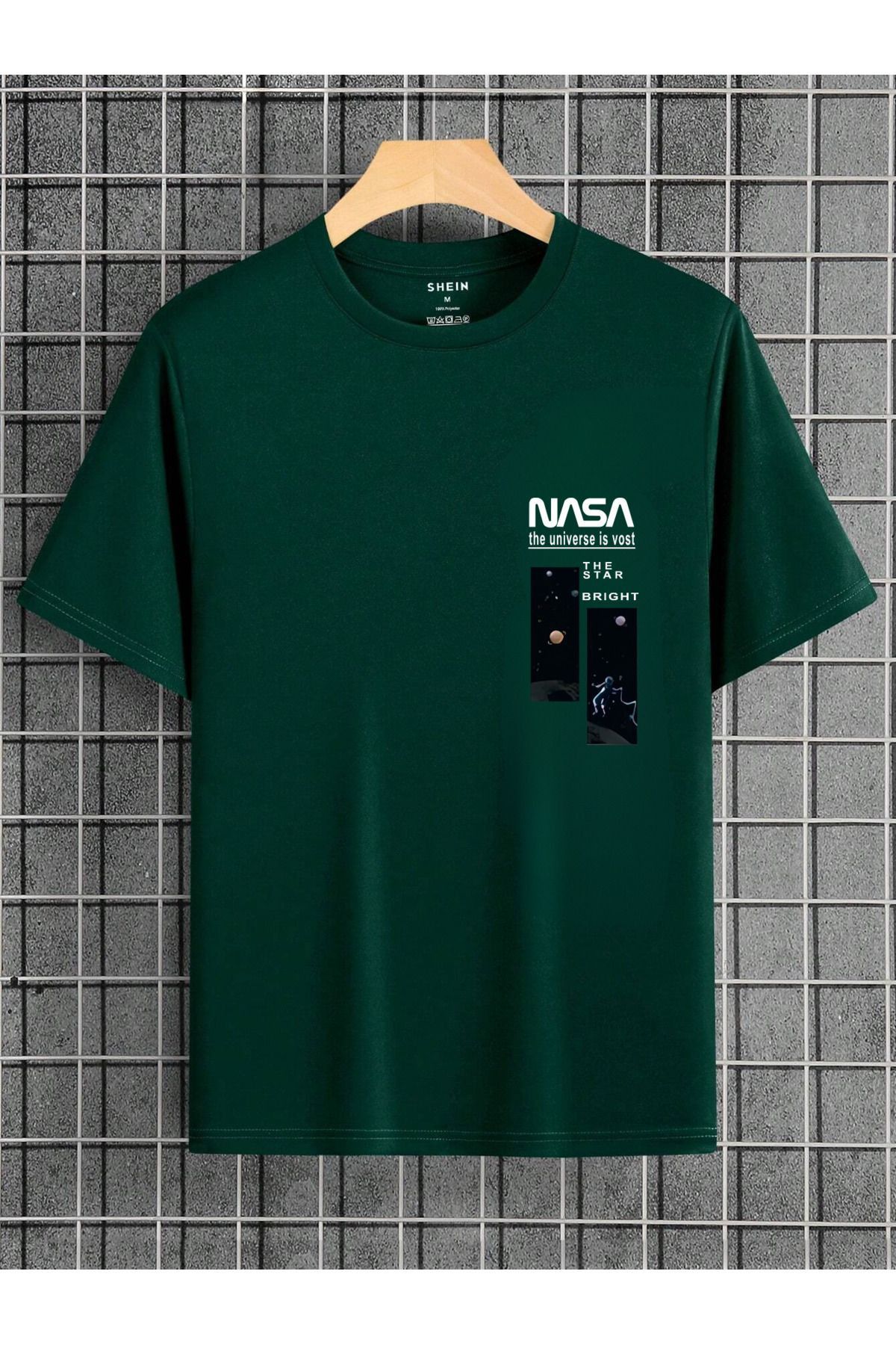 FoxSkin Sportswear&Company Nasa Bright Baskılı T-shirt - Yeşil Oversize Baskılı Bisiklet Yaka