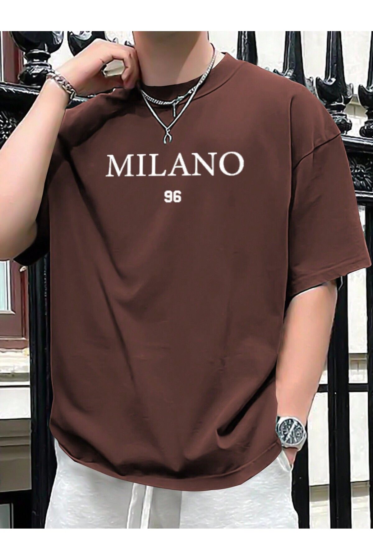 FoxSkin Sportswear&Company Milano Tişört - Kahverengi Baskılı Oversize Yazlık Kısa Kol T-Shirt Bisiklet Yaka