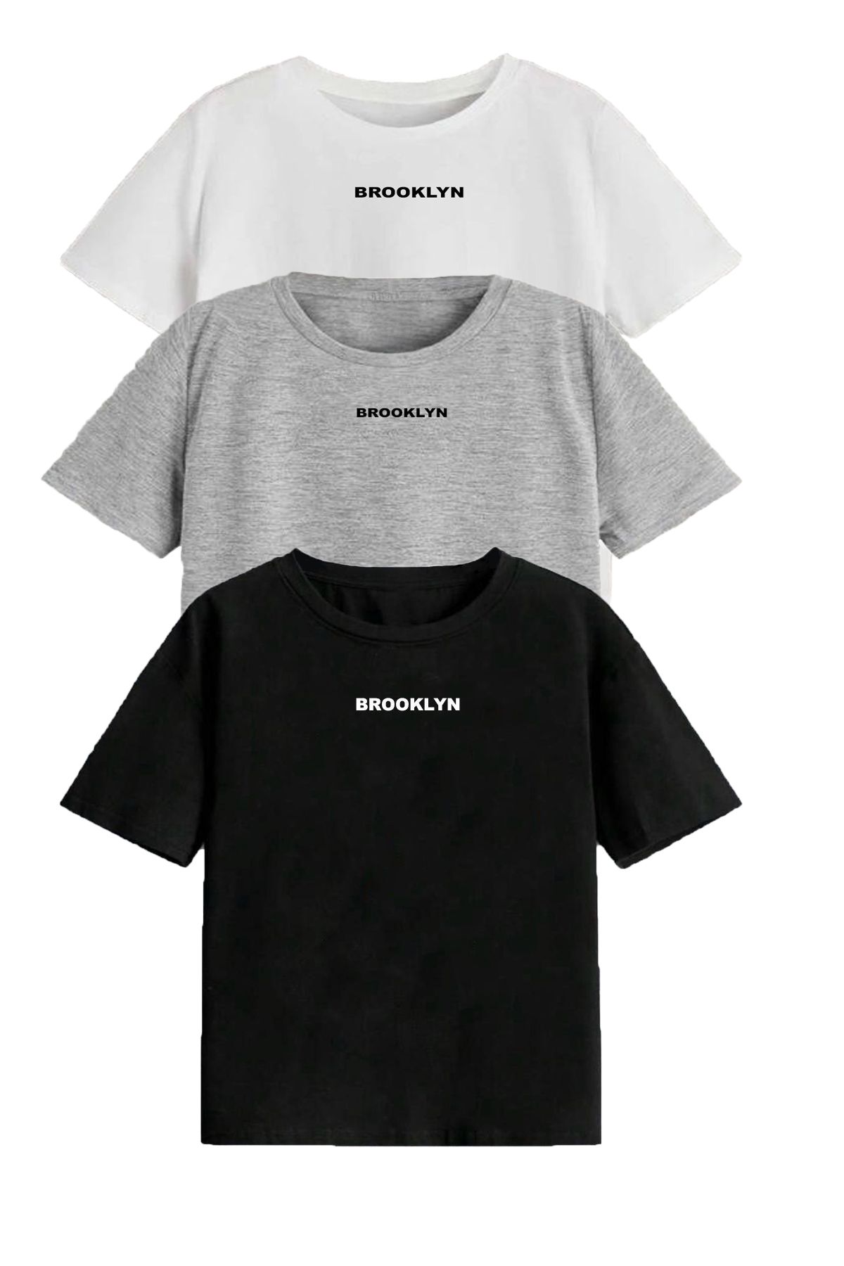 FoxSkin Sportswear&Company 3'Lü Brooklyn Çocuk Tişört - Siyah Gri Beyaz Baskılı Oversize Yazlık T-Shirt Bisiklet Yaka