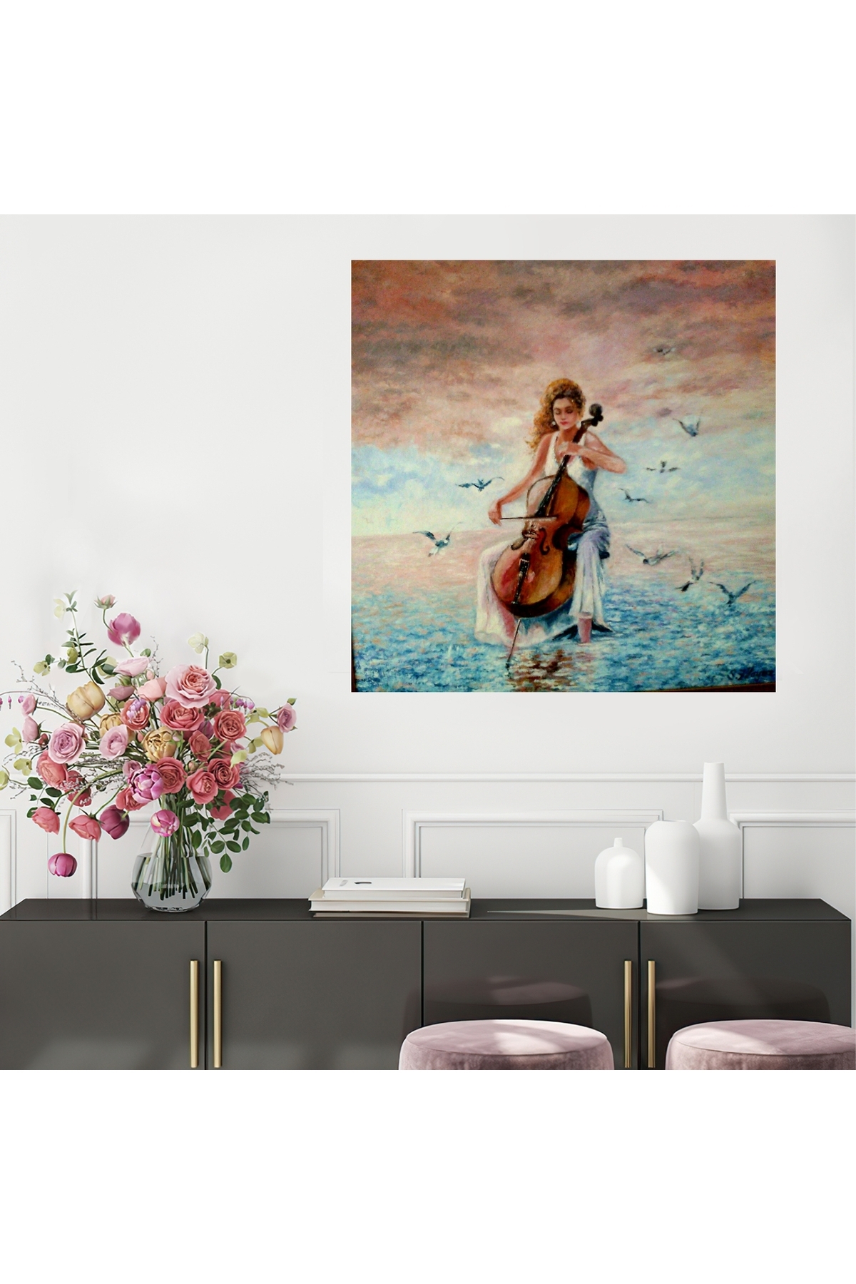HDART Modern Soyut Martılarla Denizde Keman Viola Çalan Kadın