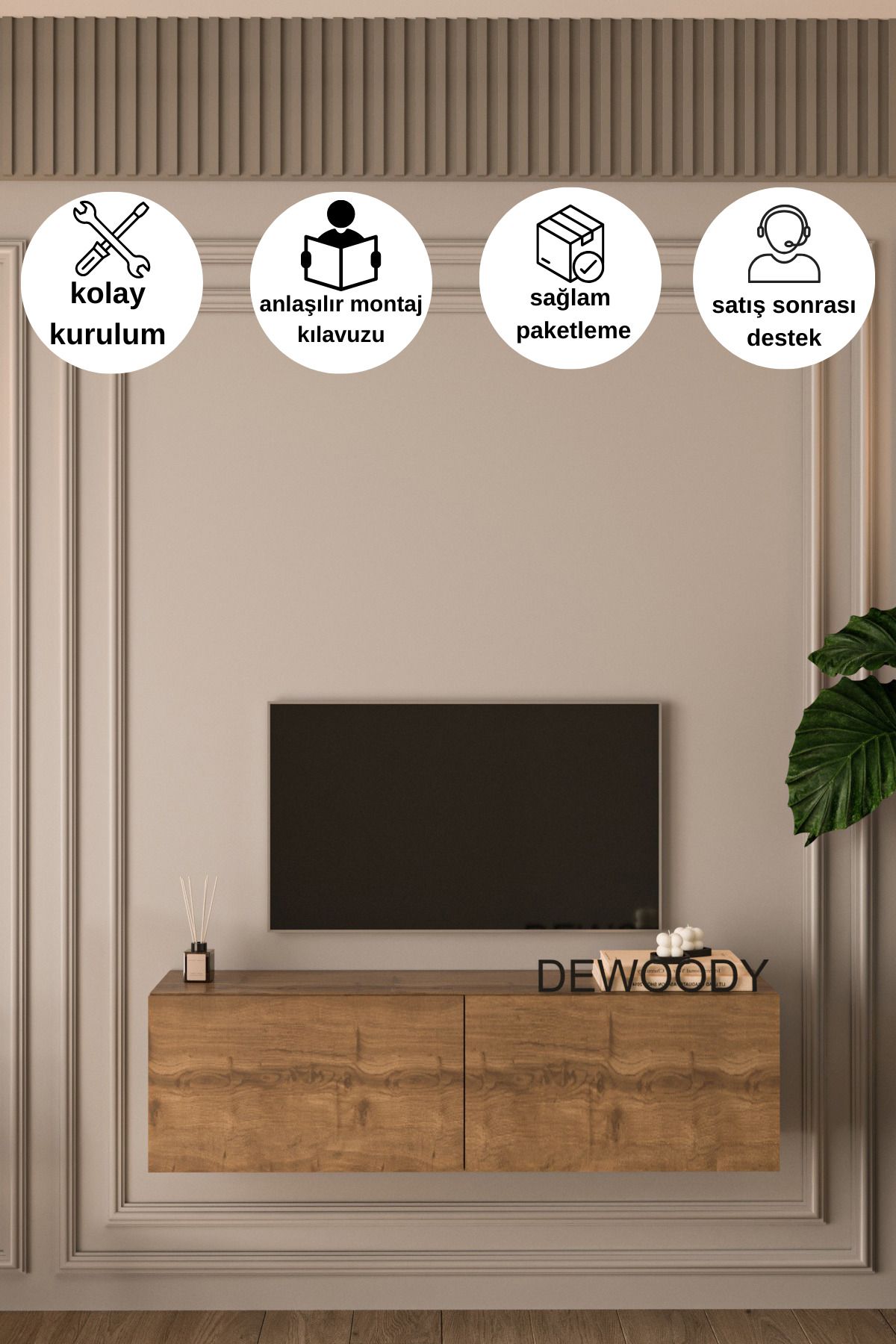 DEWOODY 120 CM DUVARA MONTAJLANABİLİR DÜŞER KAPAKLI BÖLMELİ TV ÜNİTESİ