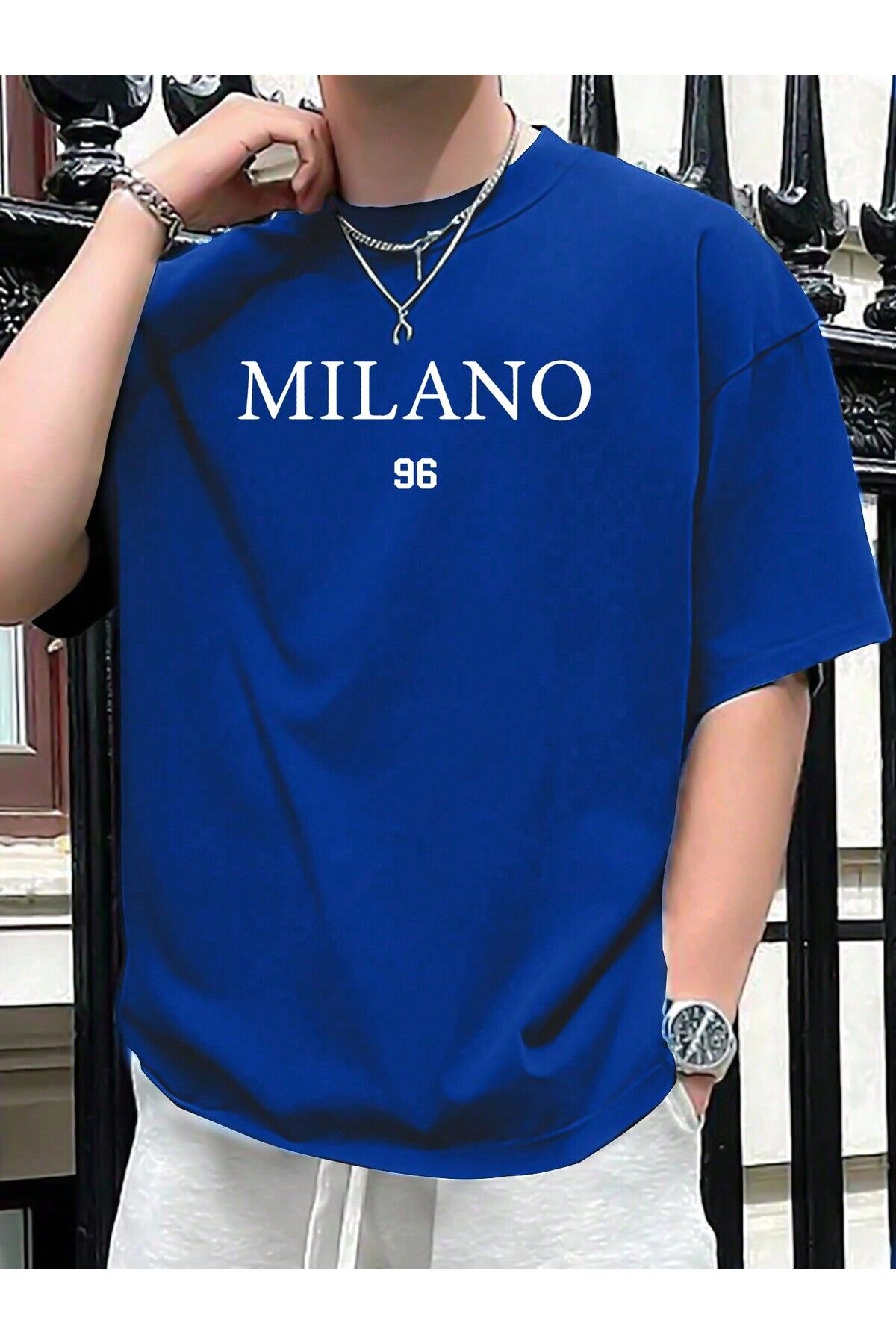 FoxSkin Sportswear&Company Milano Tişört - Sax Mavi Baskılı Oversize Yazlık Kısa Kol T-Shirt Bisiklet Yaka
