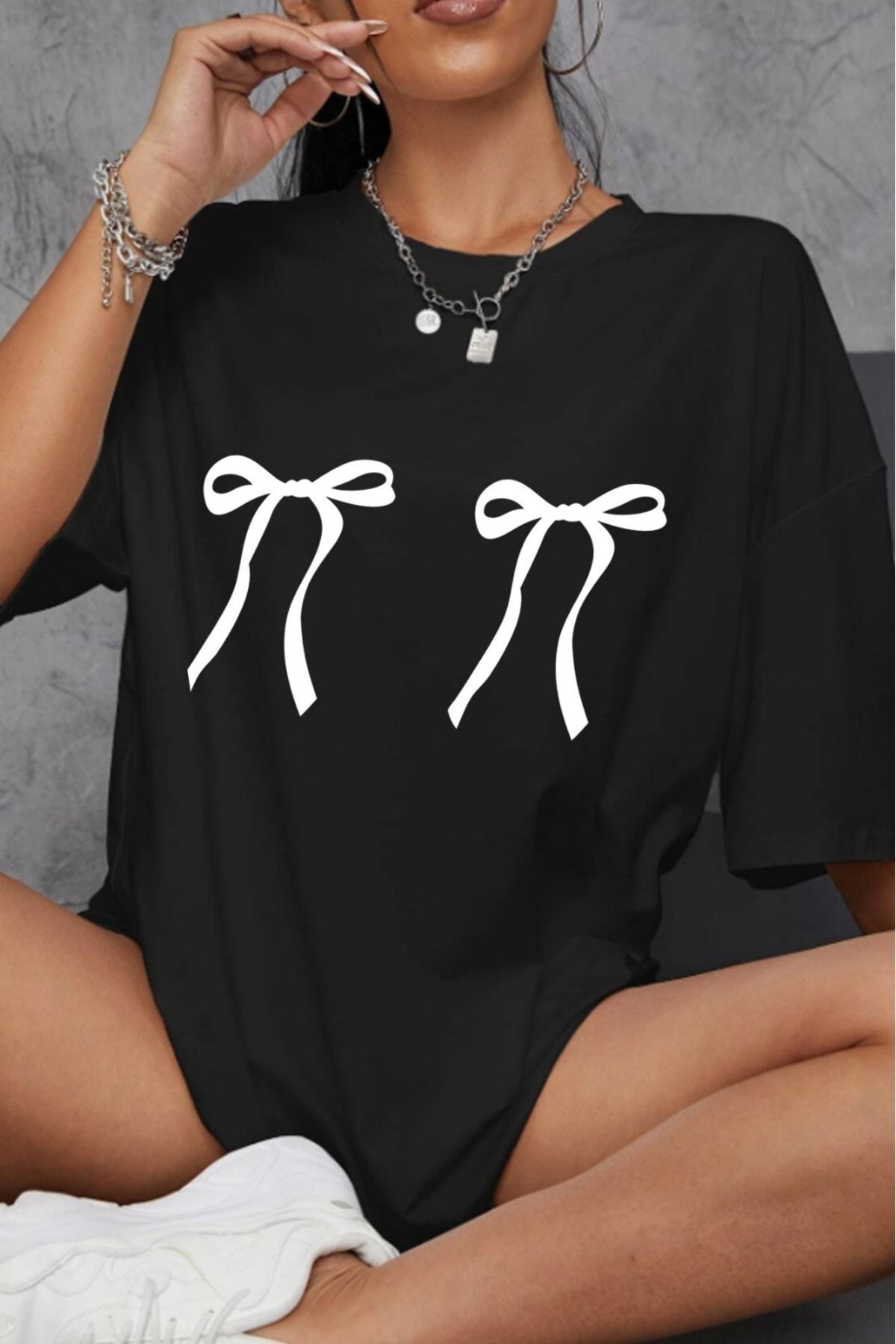 FoxSkin Sportswear&Company Kurdeleler Tişört - Siyah Baskılı Oversize Yazlık Kısa Kol T-Shirt Bisiklet Yaka
