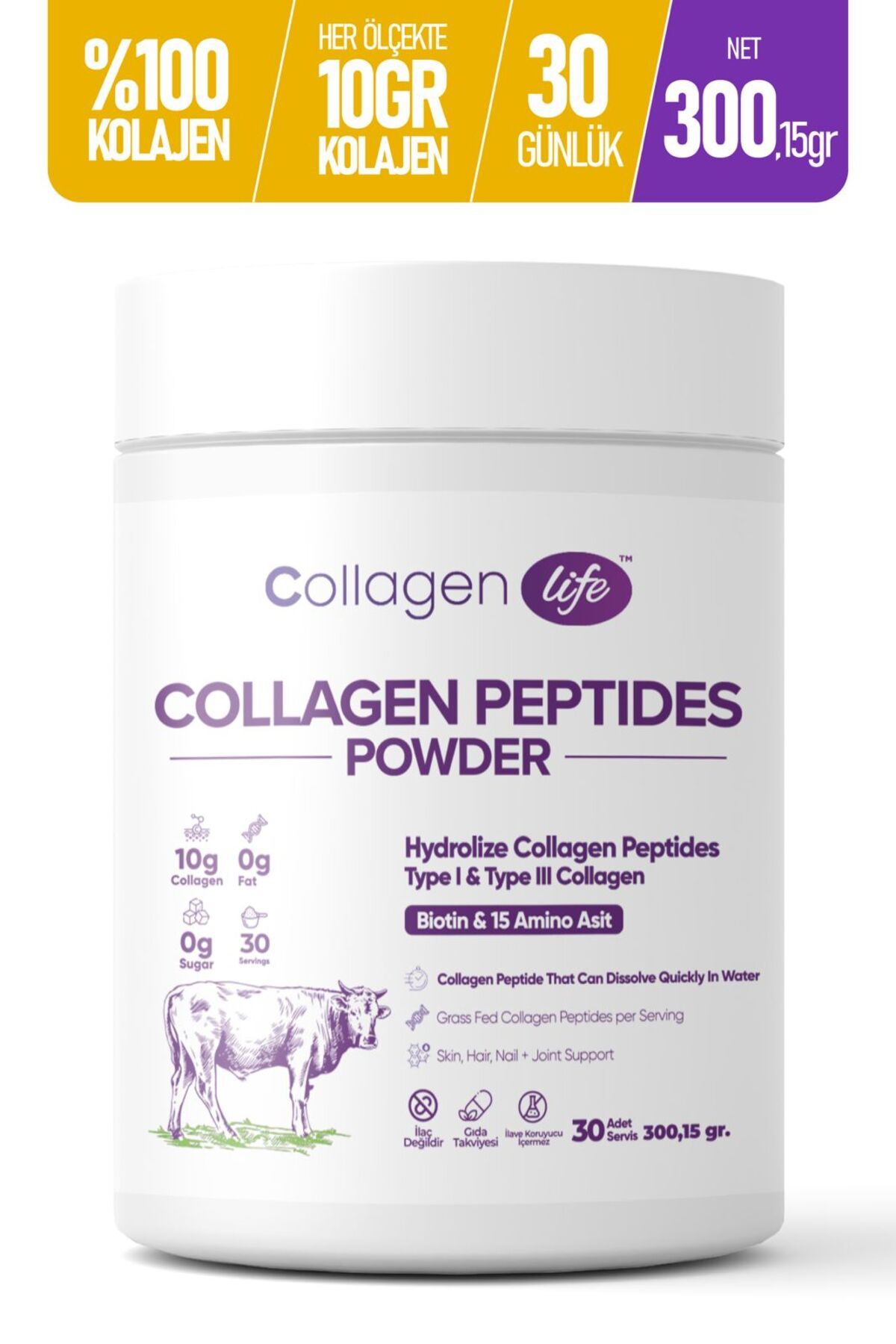 COLLAGEN LIFE %100 Hidrolize Kolajen Peptitler Biotin Ve 15 Amino Asit İçeren Gıda Takviyesi 30 Günlük