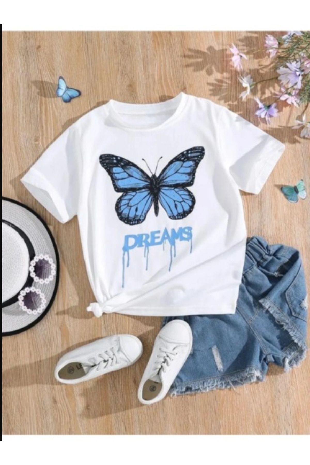 FoxSkin Sportswear&Company Dreams Kelebek Çocuk Tişört - Beyaz Baskılı Oversize Yazlık Kısa Kol T-Shirt Bisiklet Yaka