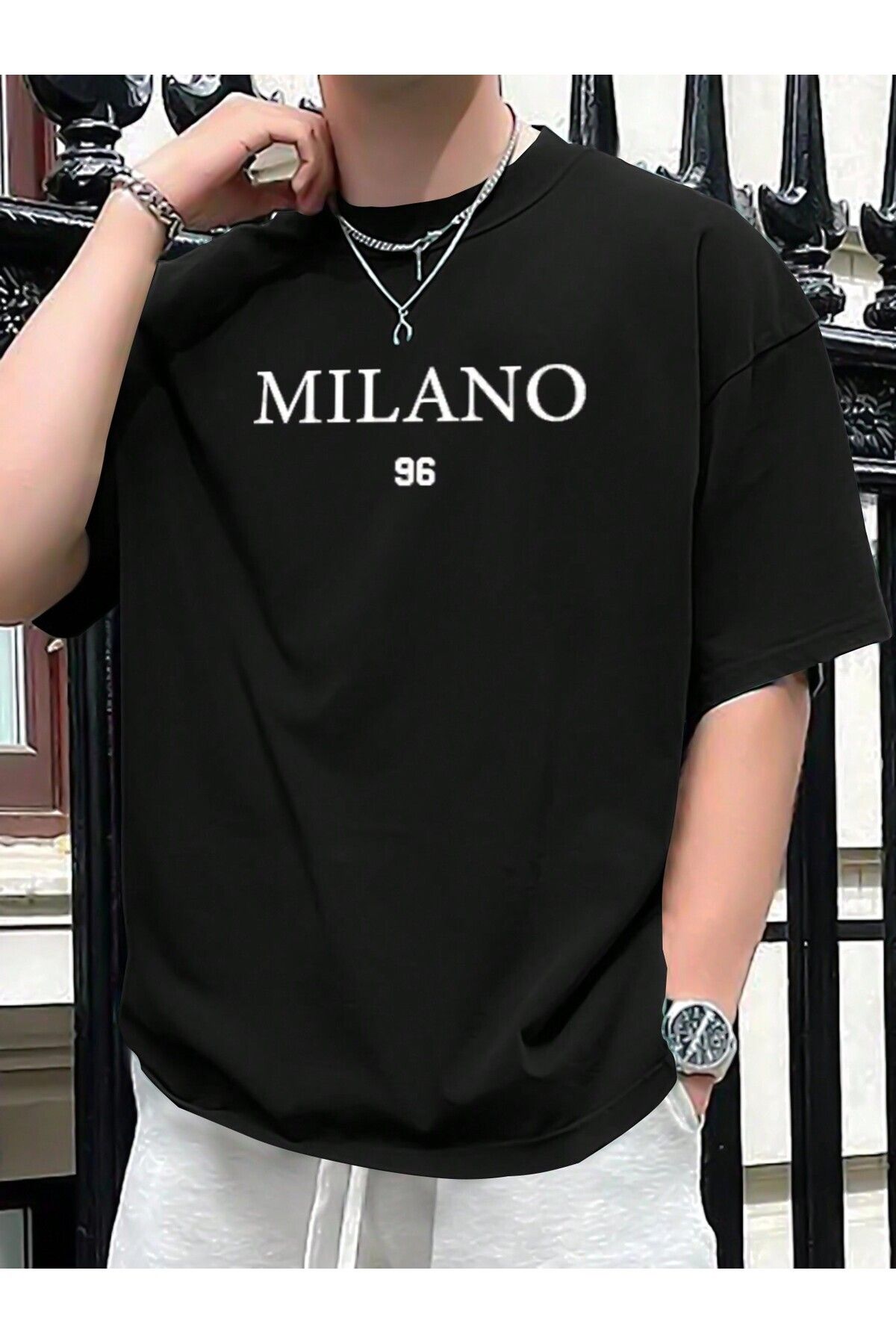FoxSkin Sportswear&Company Milano Tişört - Siyah Baskılı Oversize Yazlık Kısa Kol T-Shirt Bisiklet Yaka