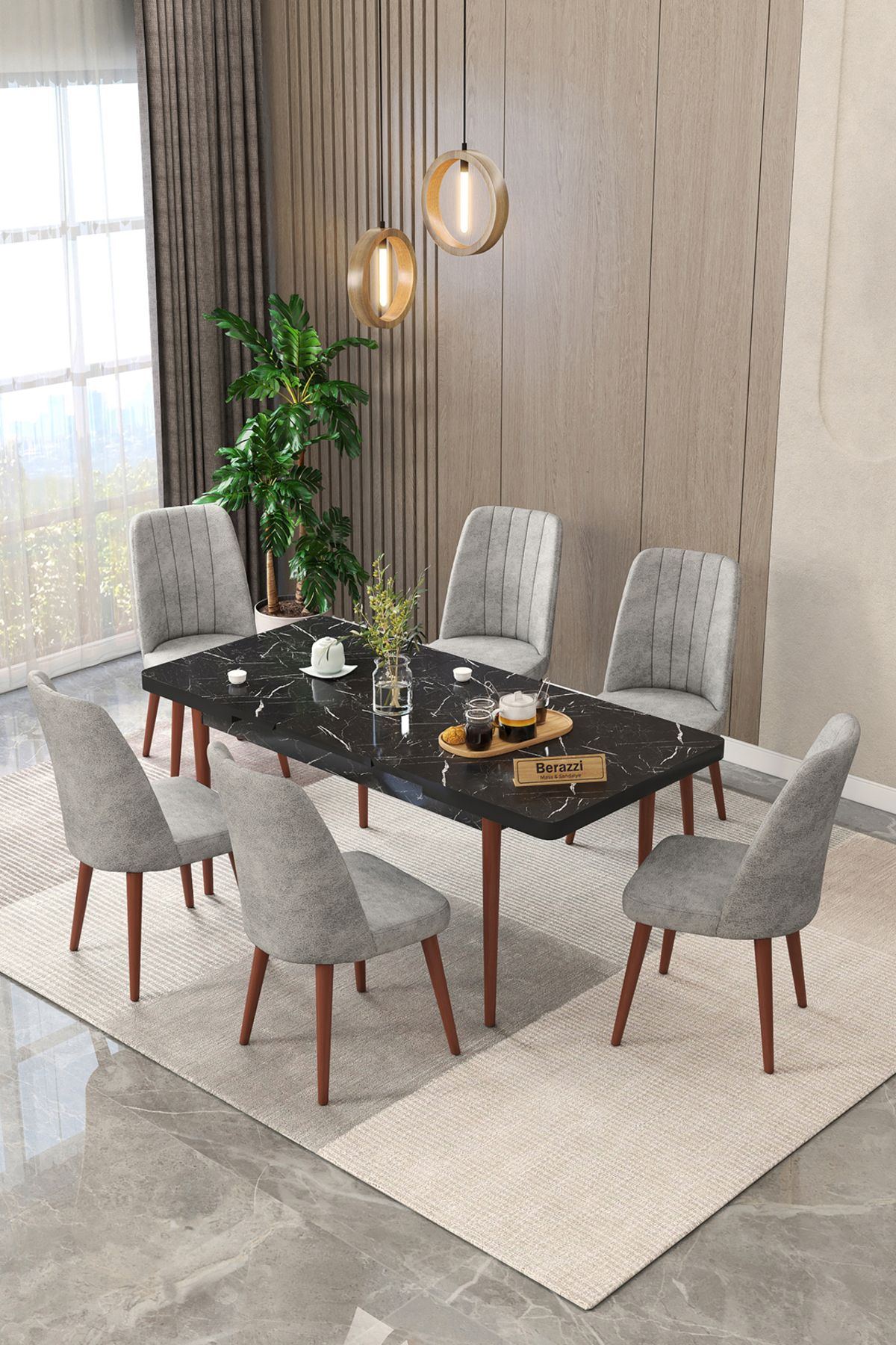 Maholandin Siyah 80x130 Açılır Yemek Masası , Yemek Masa Takımı Metal Ayaklı 6 Sandalye