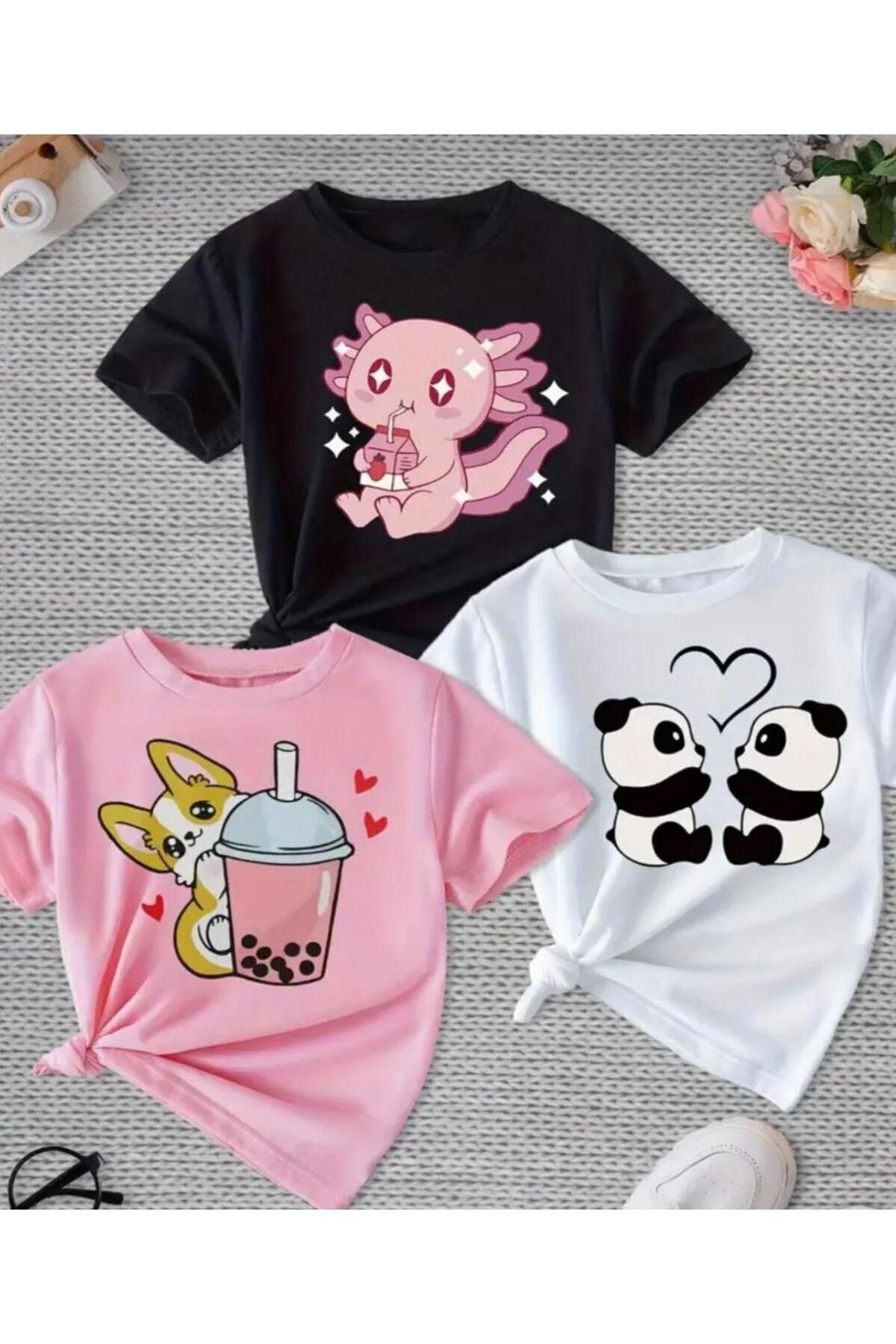 FoxSkin Sportswear&Company 3'Lü Karekterler Çocuk Tişört - Siyah Beyaz Pembe Baskılı Oversize Yazlık T-Shirt Bisiklet Yaka