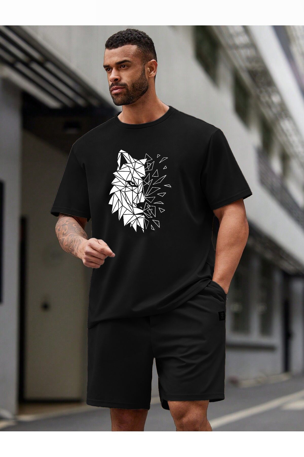 FoxSkin Sportswear&Company Kurt Desen T-Shirt Şort - Siyah Alt Üst Takım Şort Tişört Kombin Baskılı Bisiklet Yaka